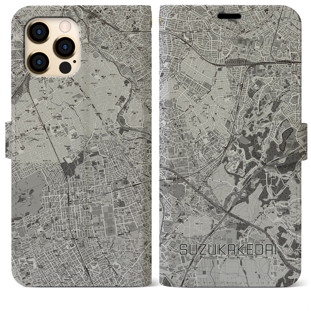 【すずかけ台(東京都)】地図柄iPhoneケース(手帳タイプ)モノトーン・iPhone 12 Pro Max 用