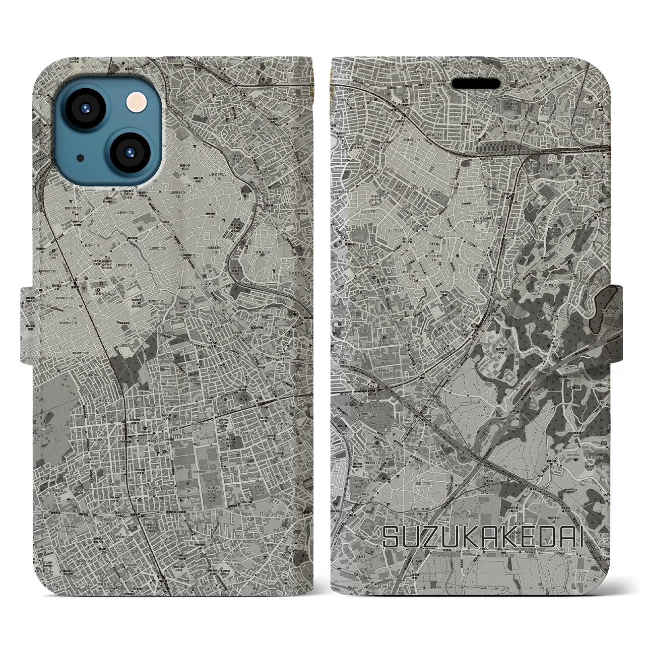 【すずかけ台(東京都)】地図柄iPhoneケース(手帳タイプ)モノトーン・iPhone 13 用