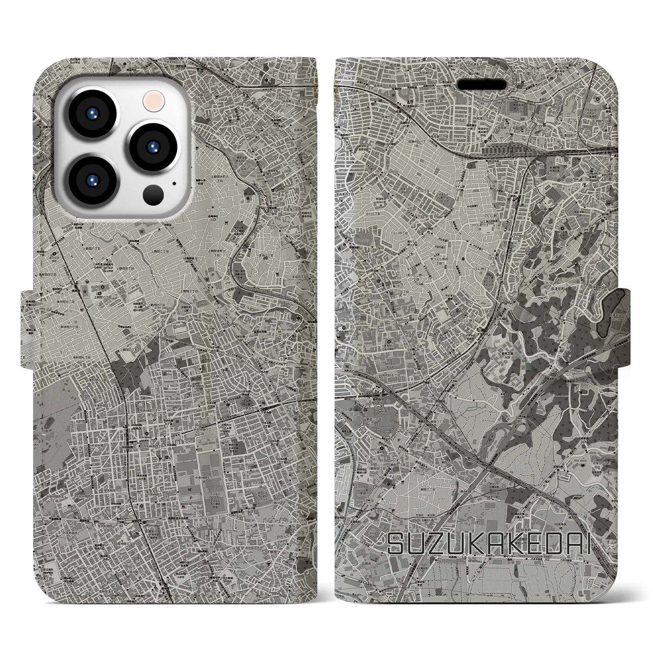 【すずかけ台(東京都)】地図柄iPhoneケース(手帳タイプ)モノトーン・iPhone 13 Pro 用