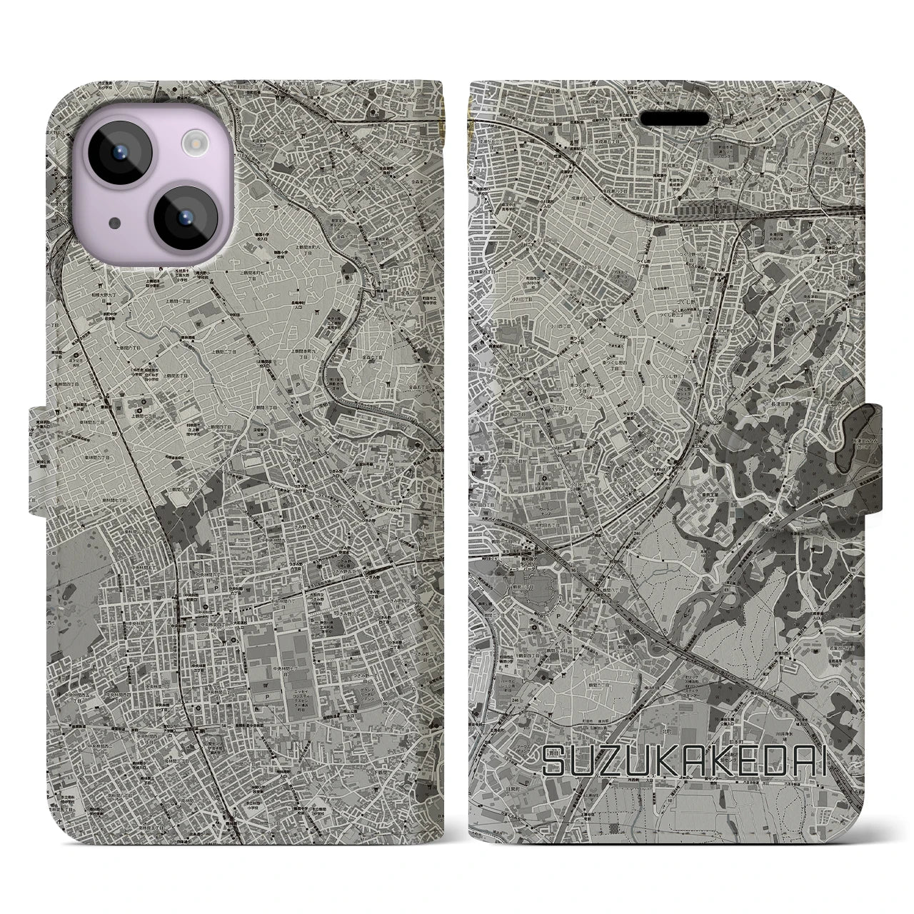 【すずかけ台(東京都)】地図柄iPhoneケース(手帳タイプ)モノトーン・iPhone 14 用