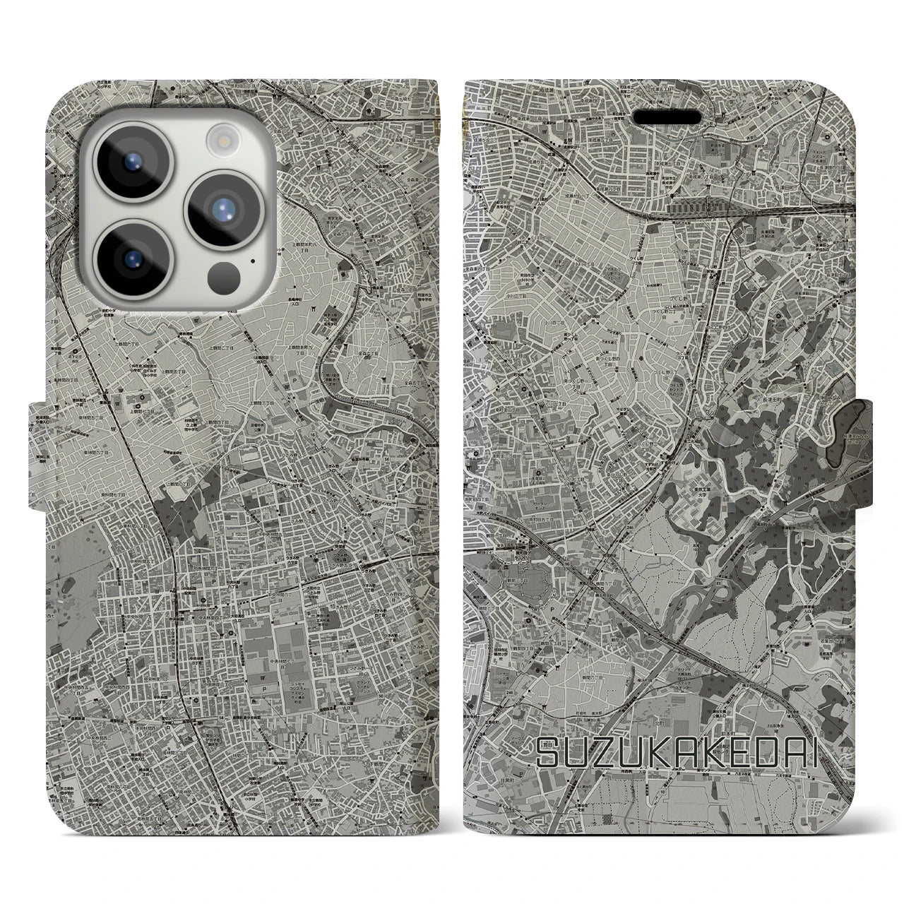 【すずかけ台(東京都)】地図柄iPhoneケース(手帳タイプ)モノトーン・iPhone 15 Pro 用