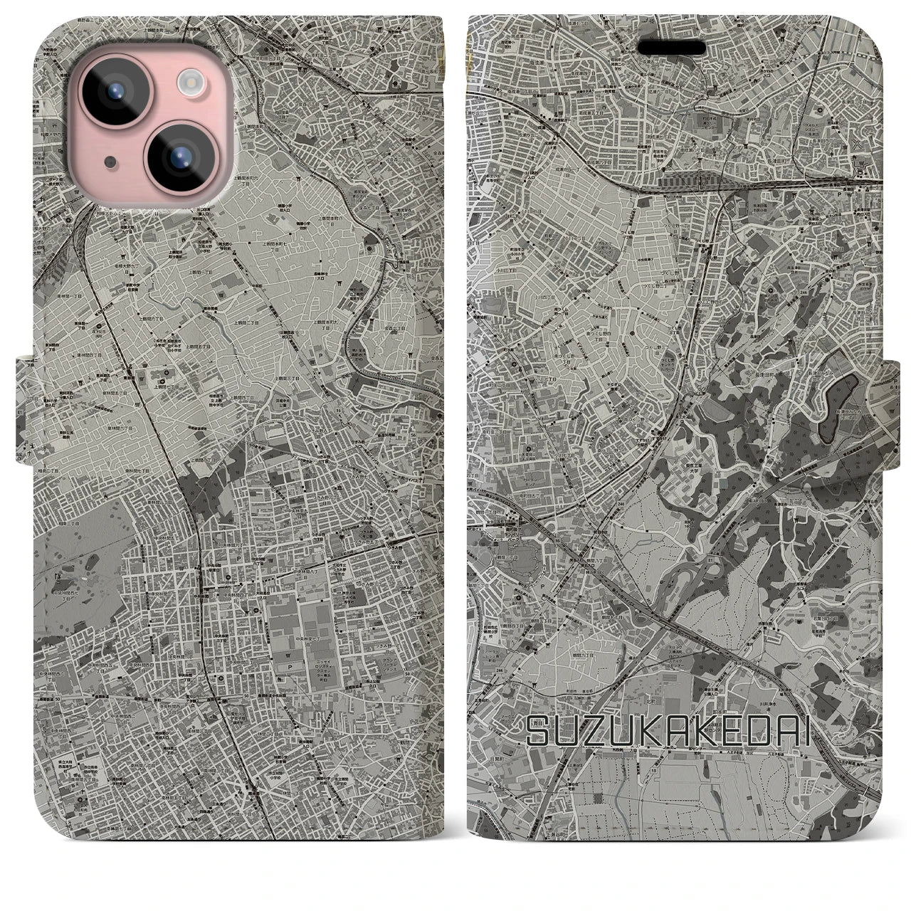 【すずかけ台(東京都)】地図柄iPhoneケース(手帳タイプ)モノトーン・iPhone 15 Plus 用