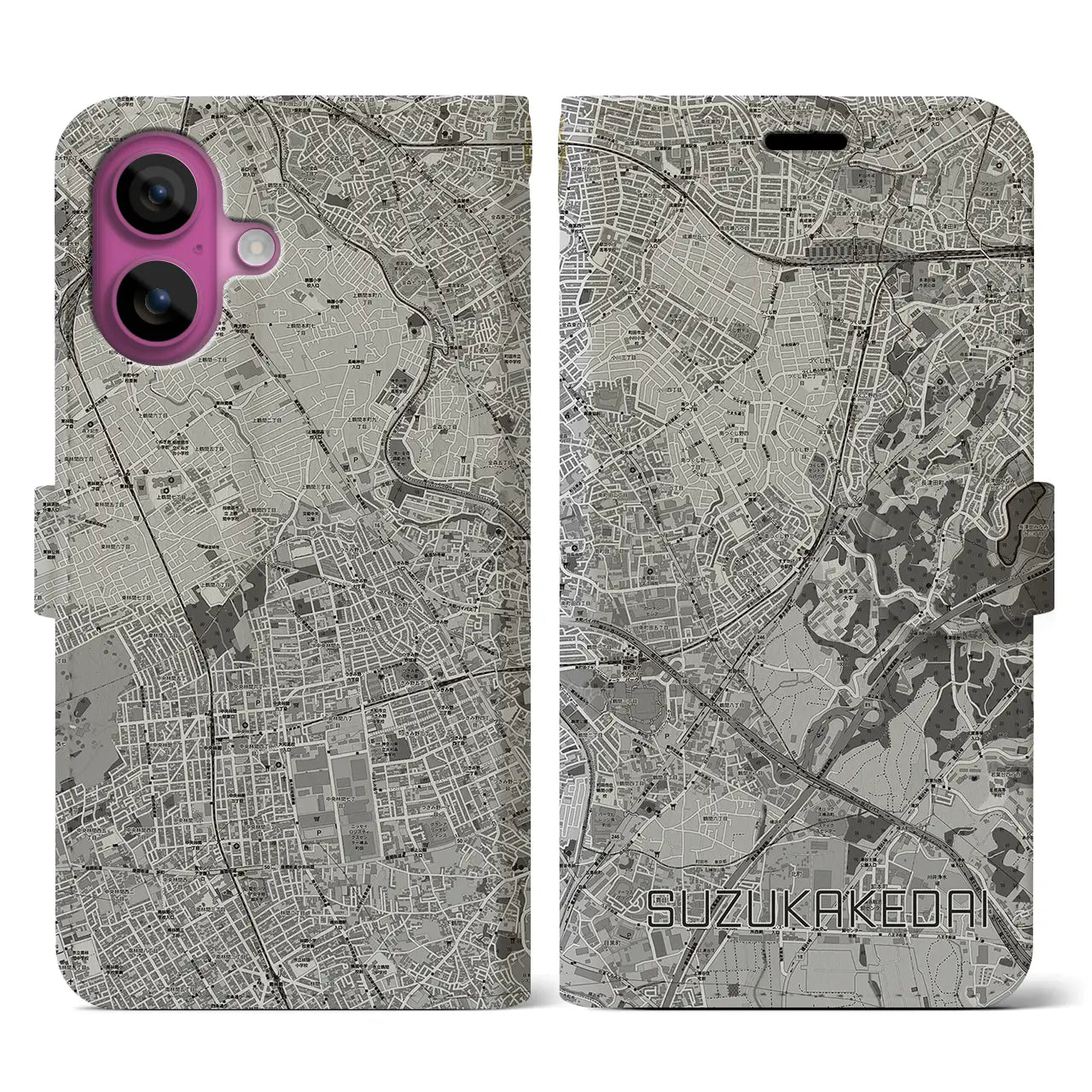 【すずかけ台(東京都)】地図柄iPhoneケース(手帳タイプ)モノトーン・iPhone 16 Pro 用