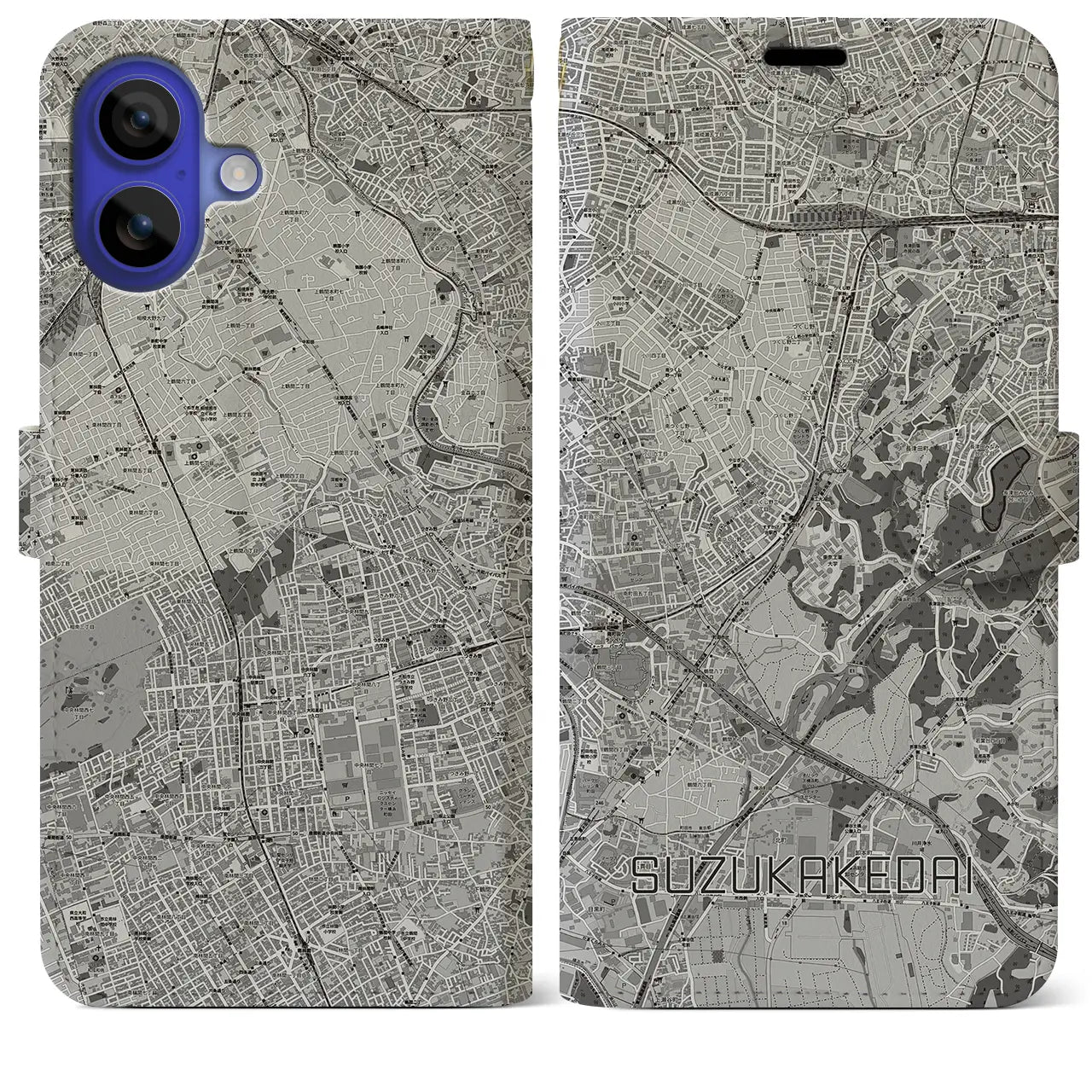 【すずかけ台(東京都)】地図柄iPhoneケース(手帳タイプ)モノトーン・iPhone 16 Pro Max 用