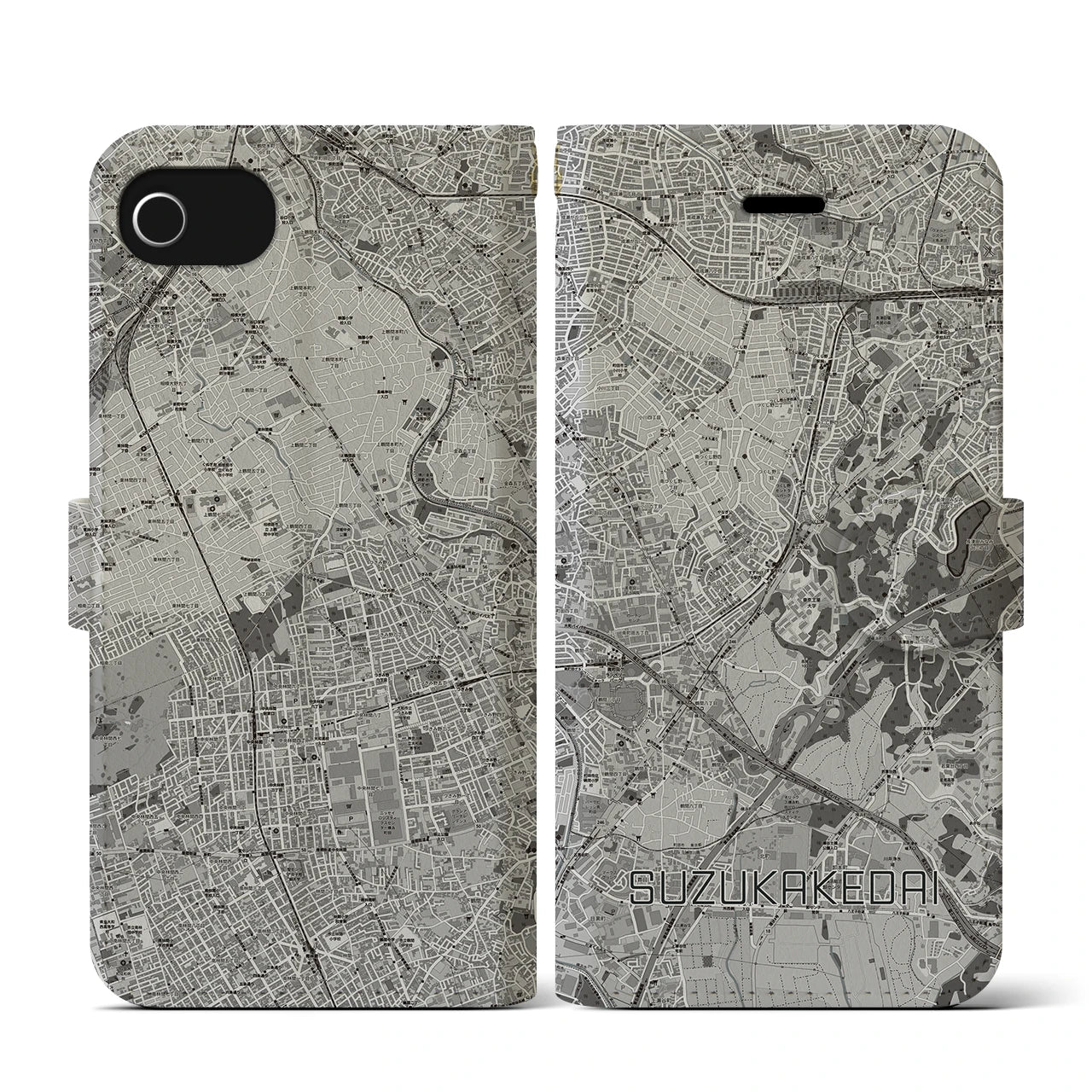 【すずかけ台(東京都)】地図柄iPhoneケース(手帳タイプ)モノトーン・iPhone SE(第3 / 第2世代) / 8 / 7 / 6s / 6 用