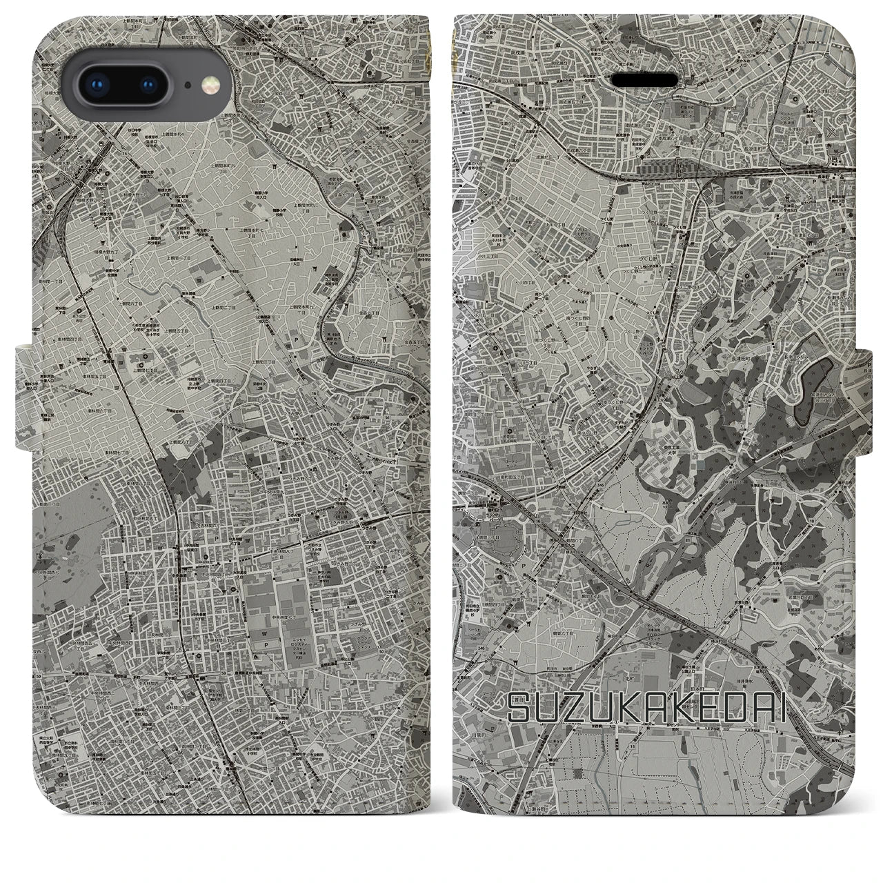 【すずかけ台(東京都)】地図柄iPhoneケース(手帳タイプ)モノトーン・iPhone 8Plus /7Plus / 6sPlus / 6Plus 用
