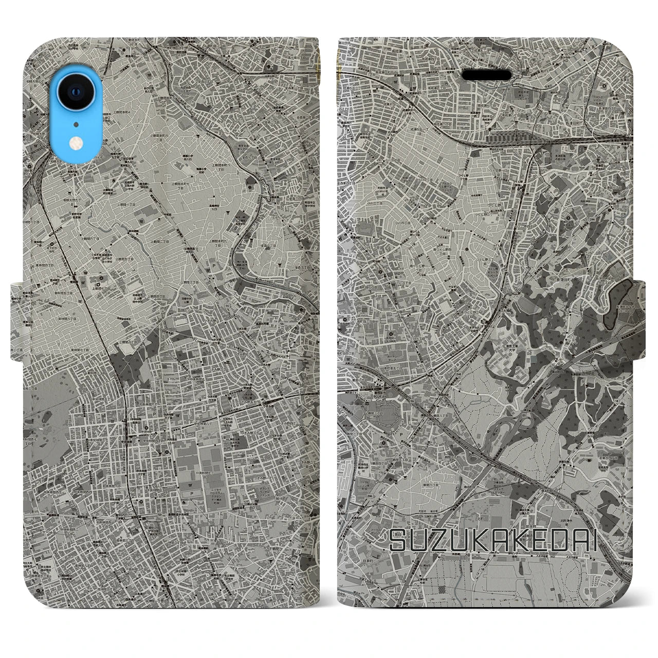 【すずかけ台(東京都)】地図柄iPhoneケース(手帳タイプ)モノトーン・iPhone XR 用
