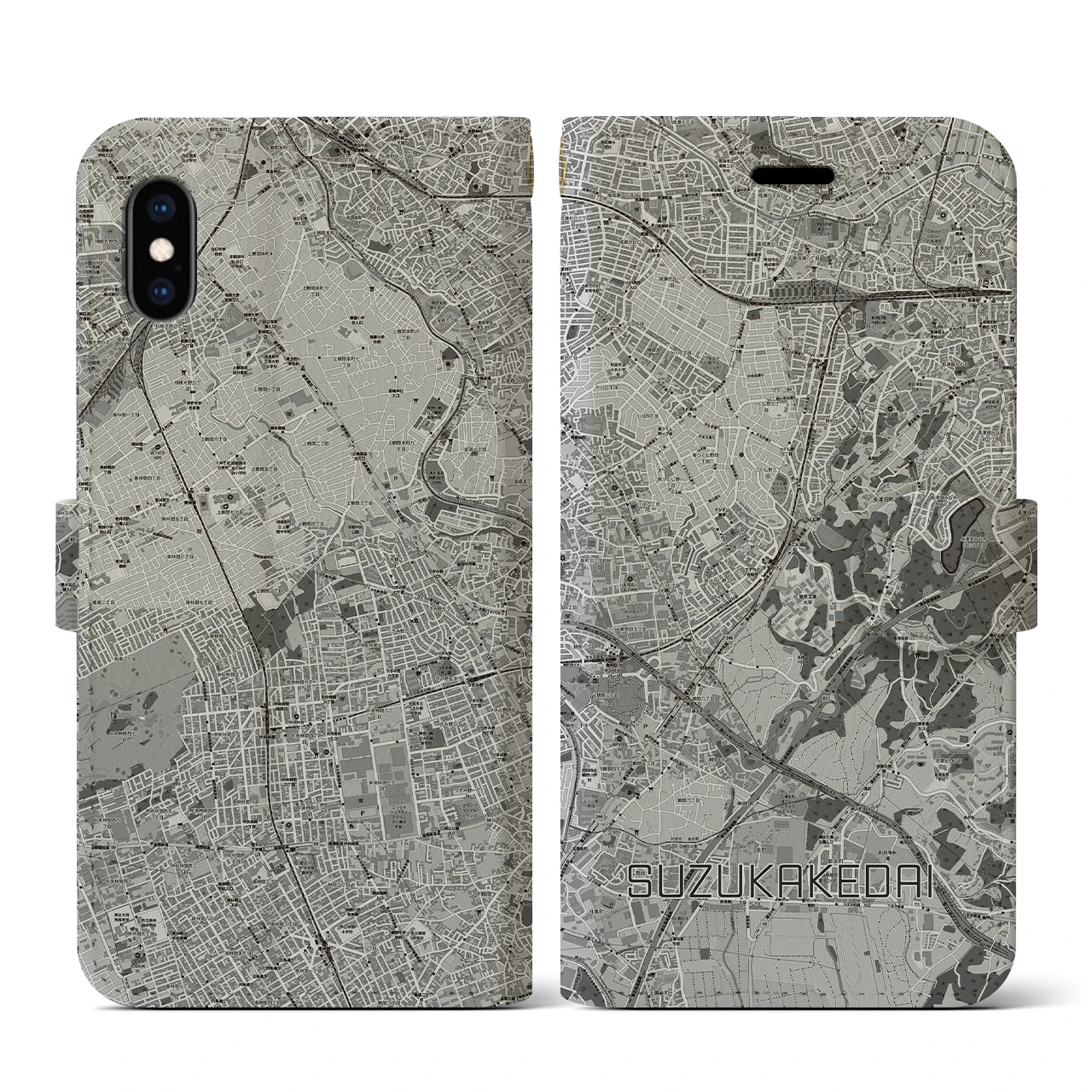【すずかけ台(東京都)】地図柄iPhoneケース(手帳タイプ)モノトーン・iPhone XS / X 用