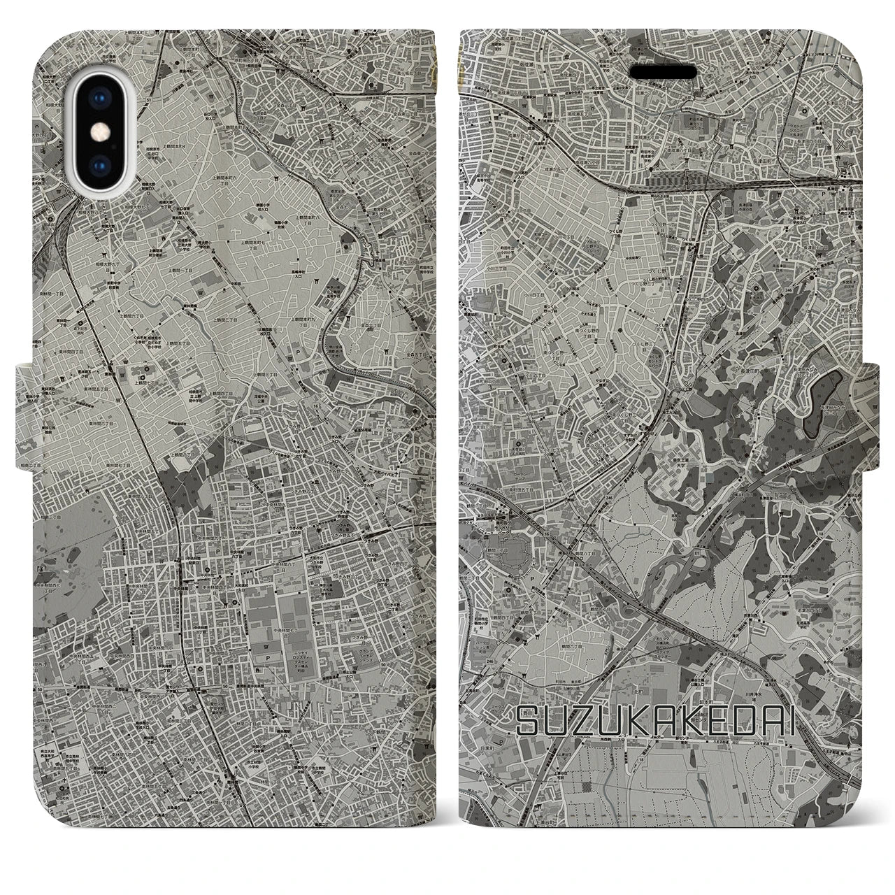 【すずかけ台(東京都)】地図柄iPhoneケース(手帳タイプ)モノトーン・iPhone XS Max 用