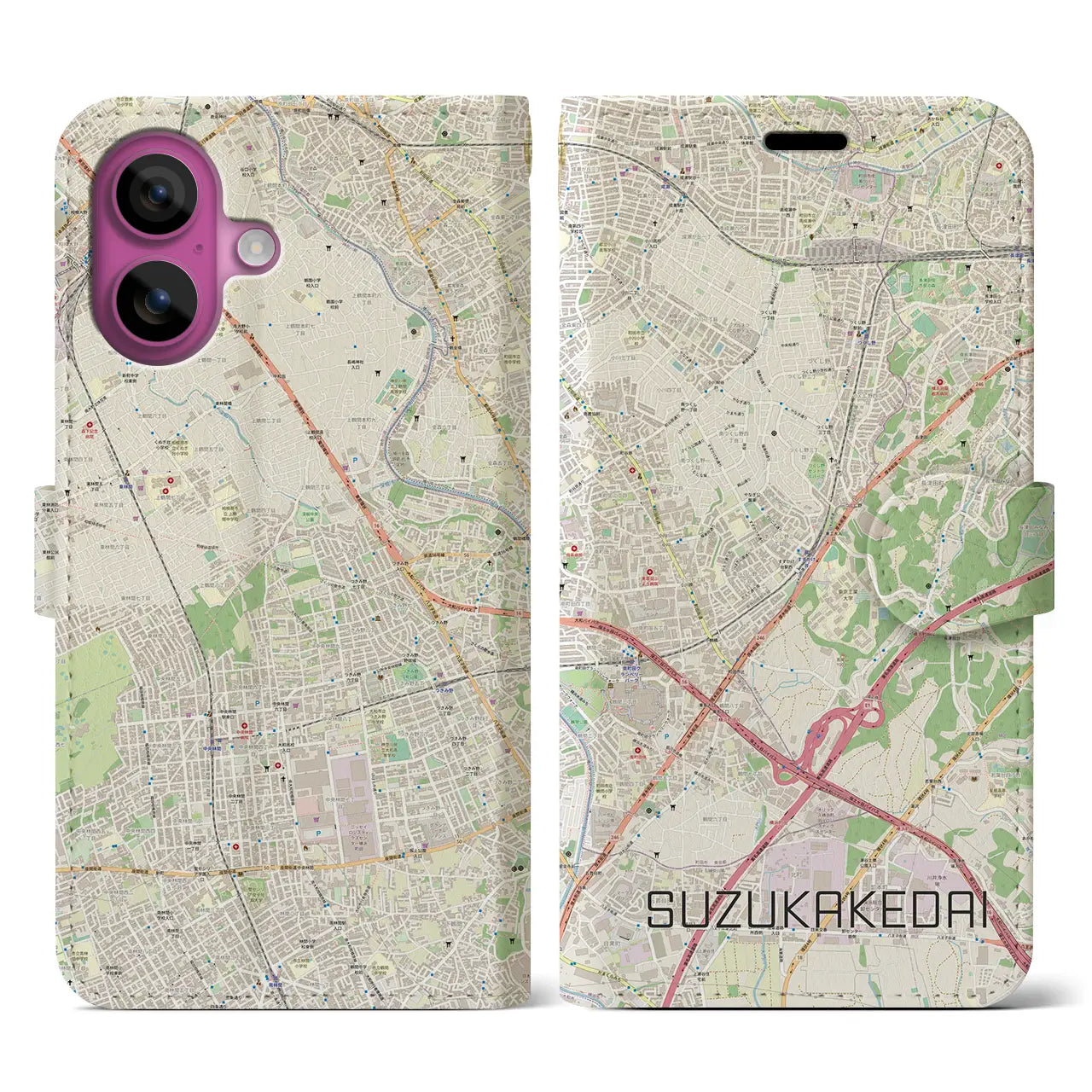 【すずかけ台(東京都)】地図柄iPhoneケース(手帳タイプ)ナチュラル・iPhone 16 Pro 用