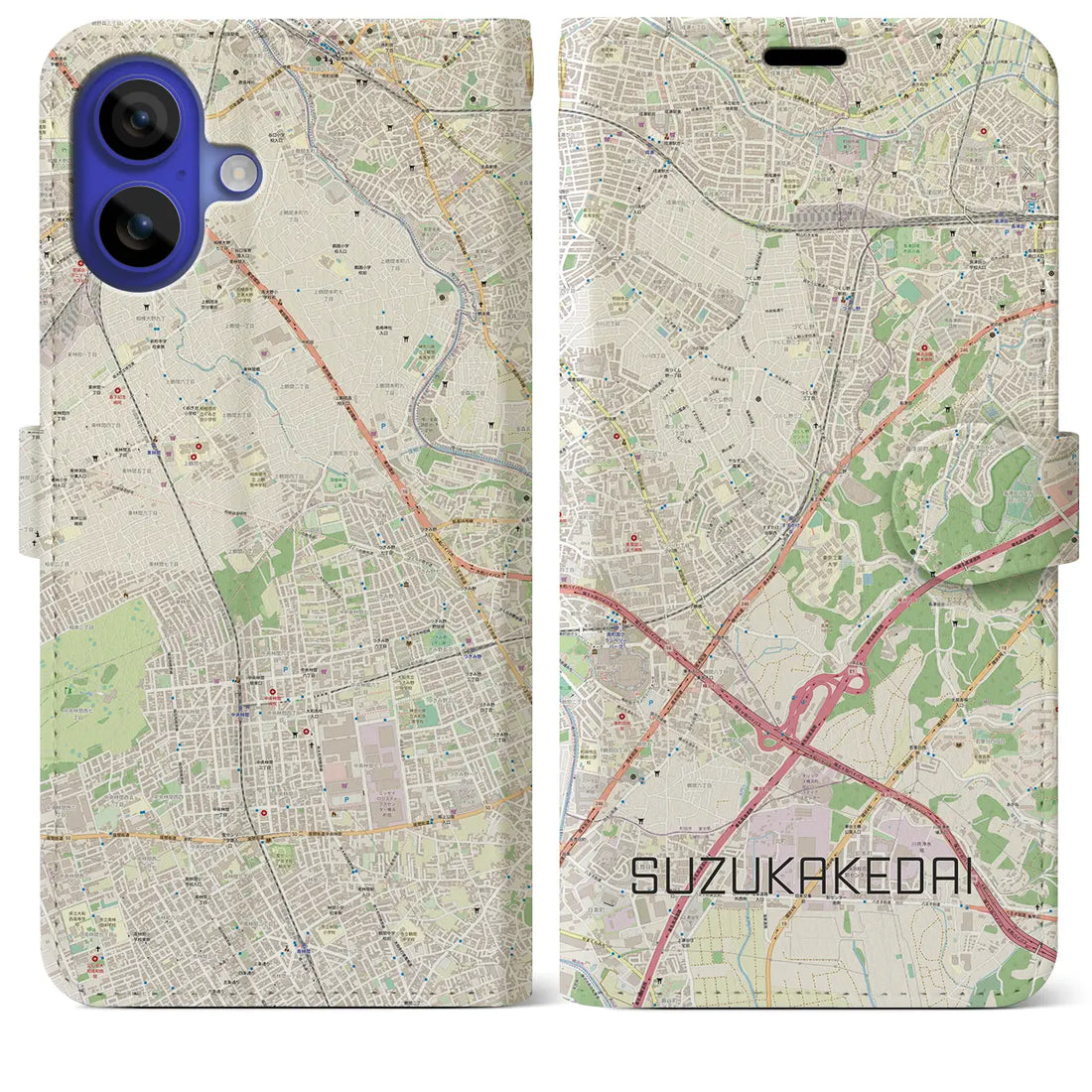 【すずかけ台(東京都)】地図柄iPhoneケース(手帳タイプ)ナチュラル・iPhone 16 Pro Max 用