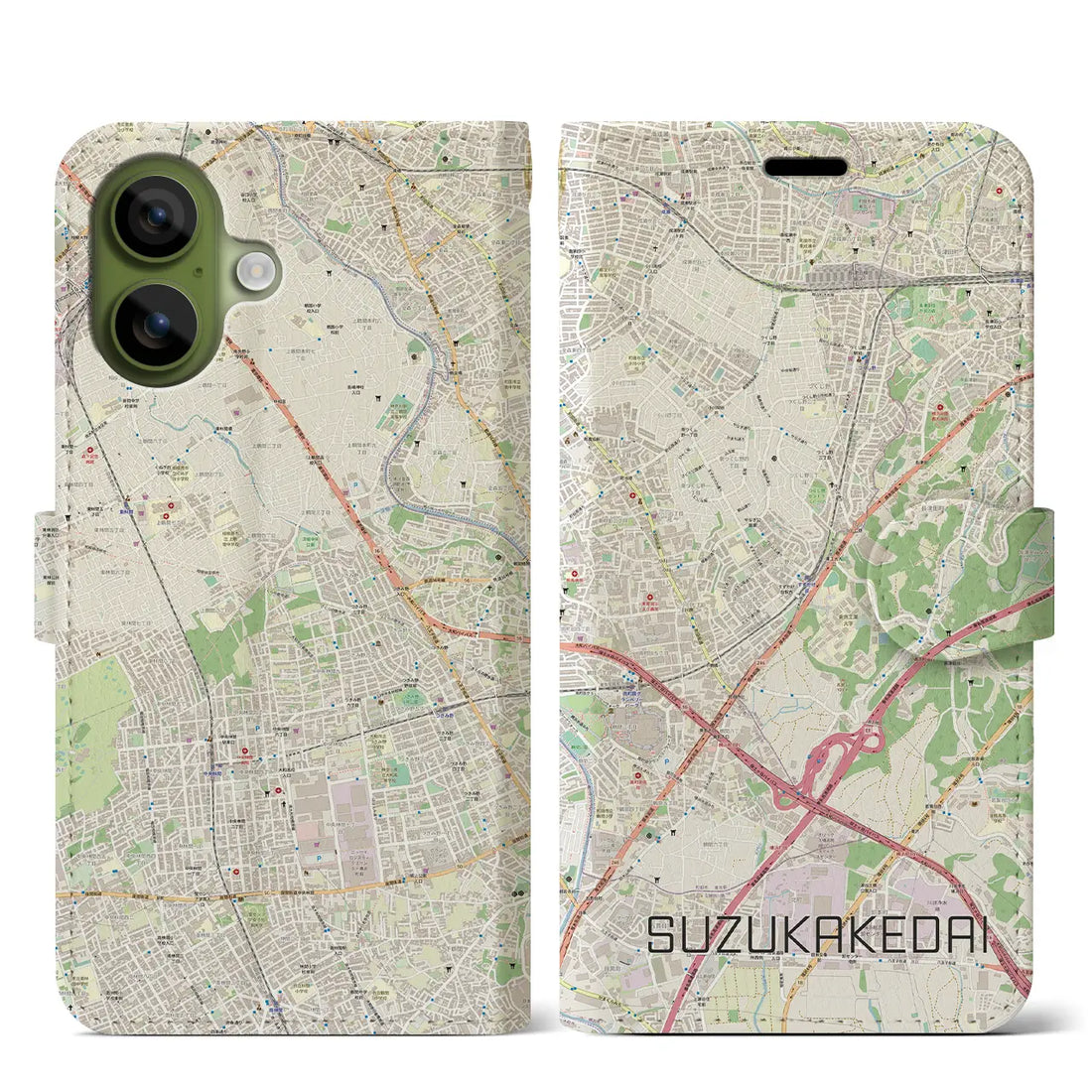 【すずかけ台(東京都)】地図柄iPhoneケース(手帳タイプ)ナチュラル・iPhone 17 Pro Max 用