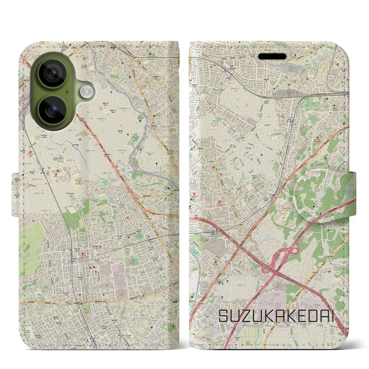 【すずかけ台(東京都)】地図柄iPhoneケース(手帳タイプ)ナチュラル・iPhone 17 Pro Max 用