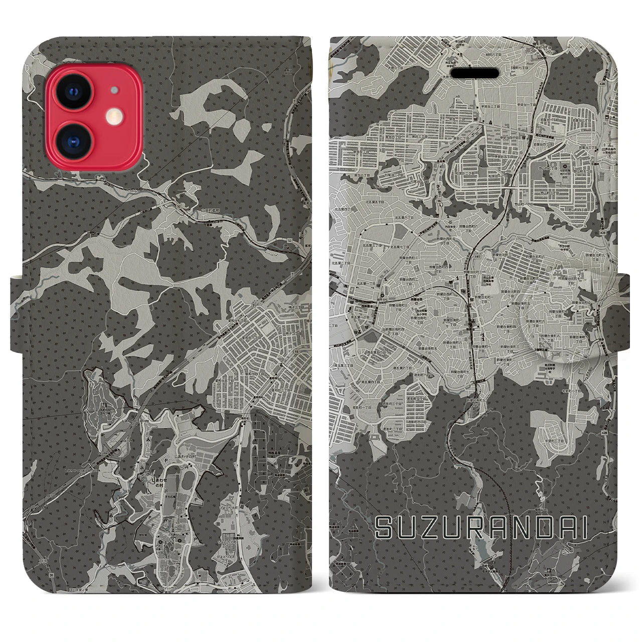 【鈴蘭台(兵庫県)】地図柄iPhoneケース(手帳タイプ)モノトーン・iPhone 11 用