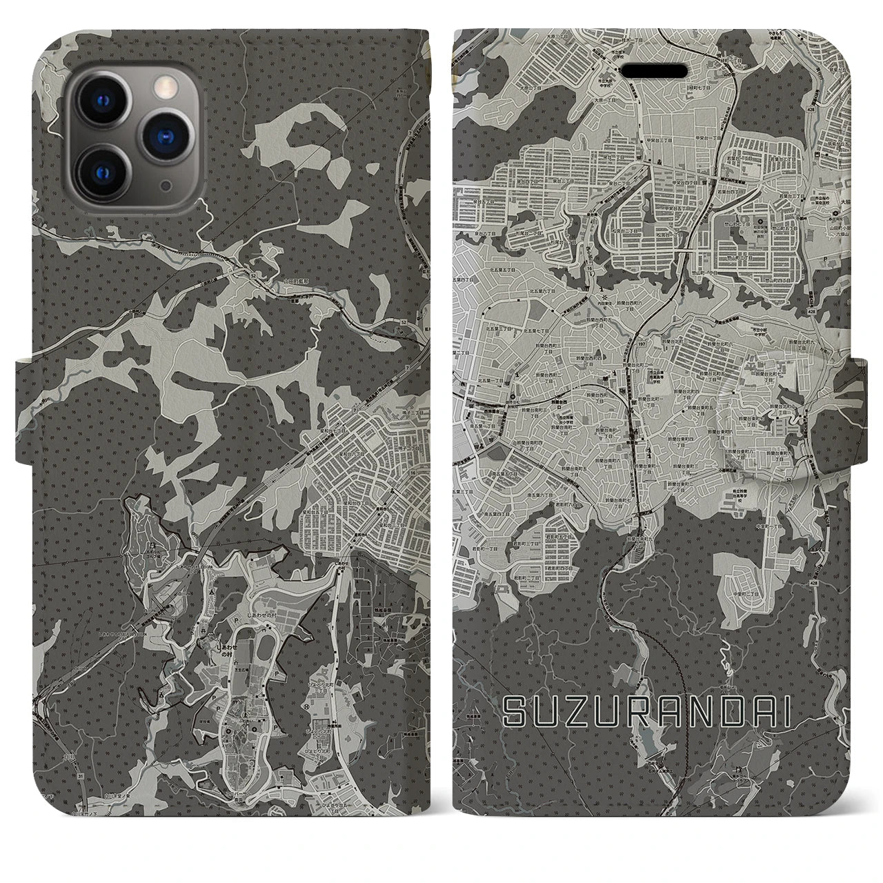 【鈴蘭台(兵庫県)】地図柄iPhoneケース(手帳タイプ)モノトーン・iPhone 11 Pro Max 用