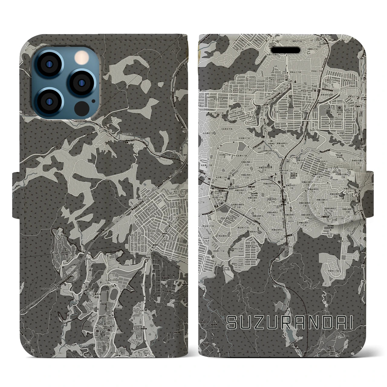 【鈴蘭台(兵庫県)】地図柄iPhoneケース(手帳タイプ)モノトーン・iPhone 12 / 12 Pro 用