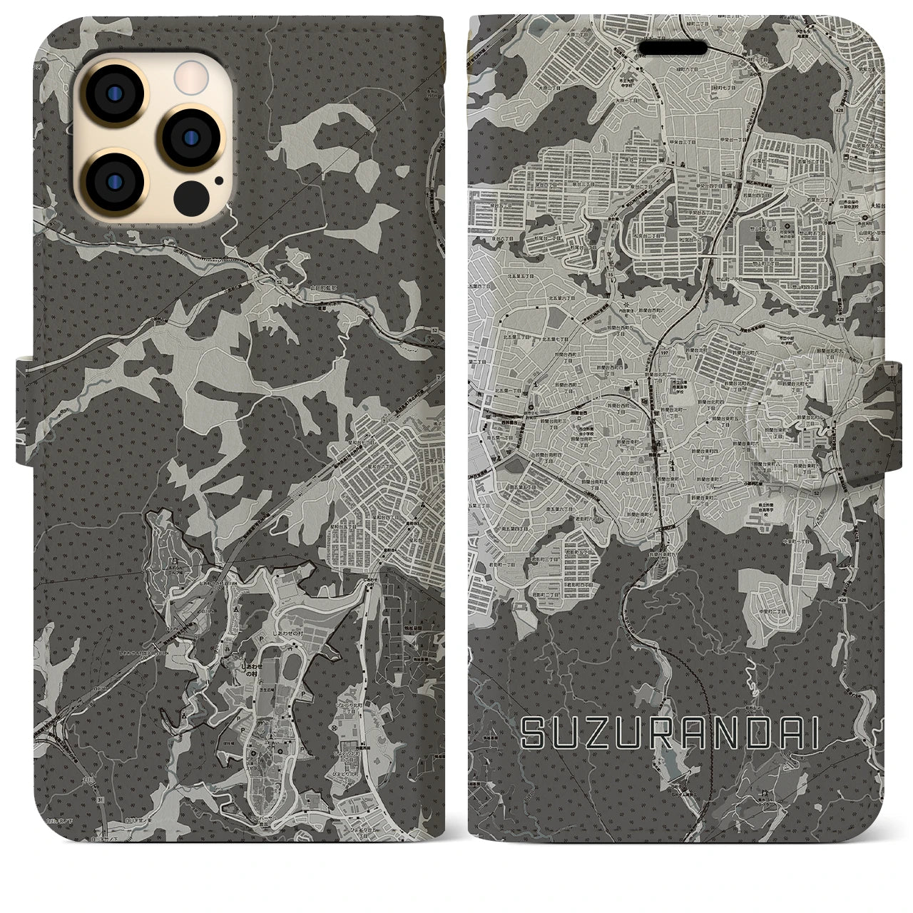 【鈴蘭台(兵庫県)】地図柄iPhoneケース(手帳タイプ)モノトーン・iPhone 12 Pro Max 用