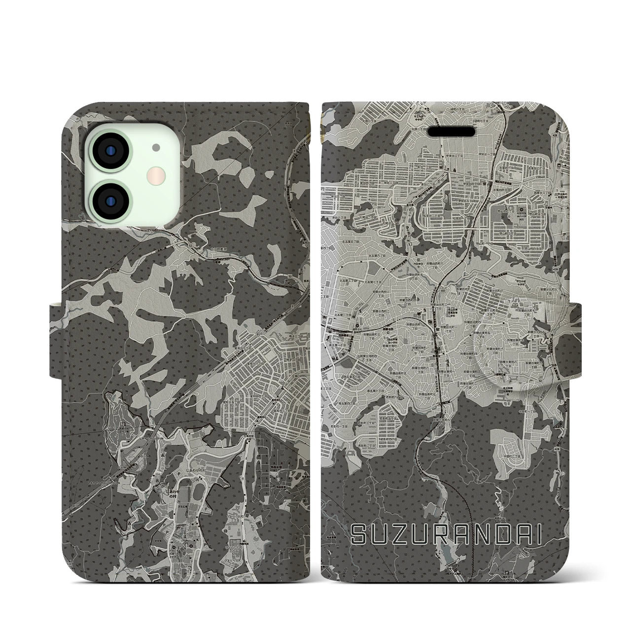 【鈴蘭台(兵庫県)】地図柄iPhoneケース(手帳タイプ)モノトーン・iPhone 12 mini 用