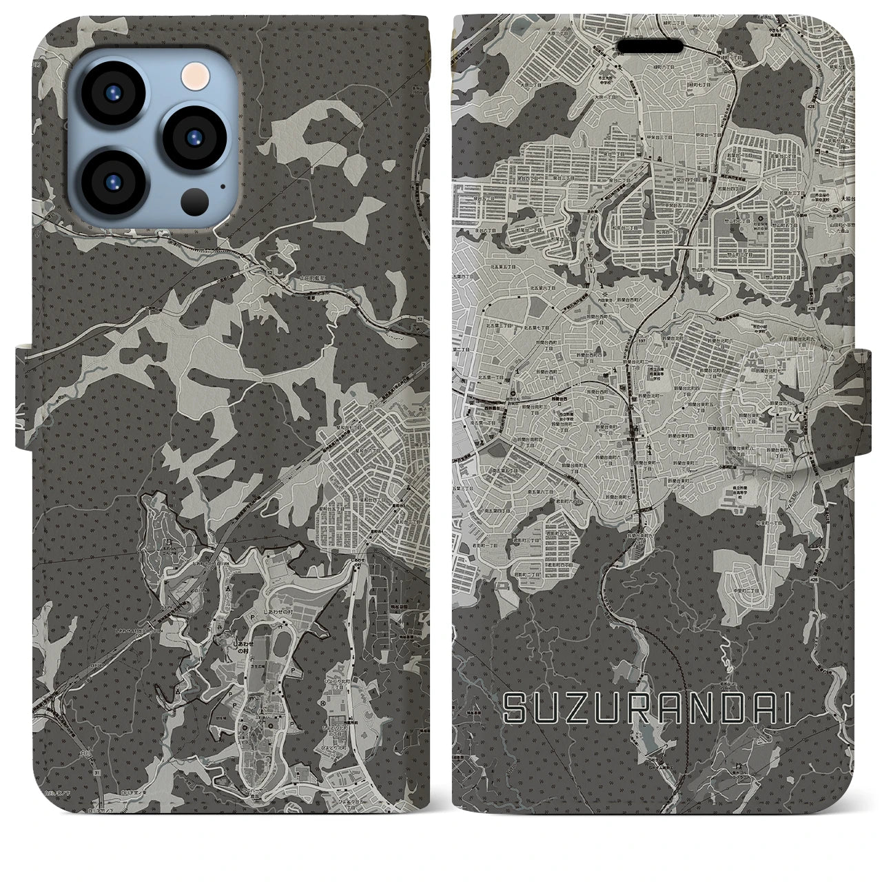 【鈴蘭台(兵庫県)】地図柄iPhoneケース(手帳タイプ)モノトーン・iPhone 13 Pro Max 用