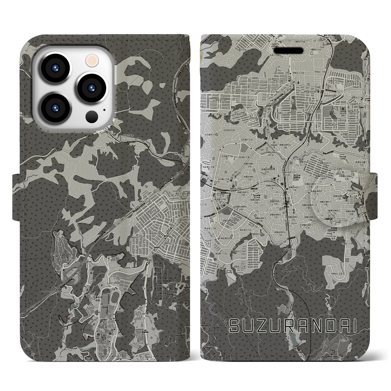 【鈴蘭台(兵庫県)】地図柄iPhoneケース(手帳タイプ)モノトーン・iPhone 13 Pro 用