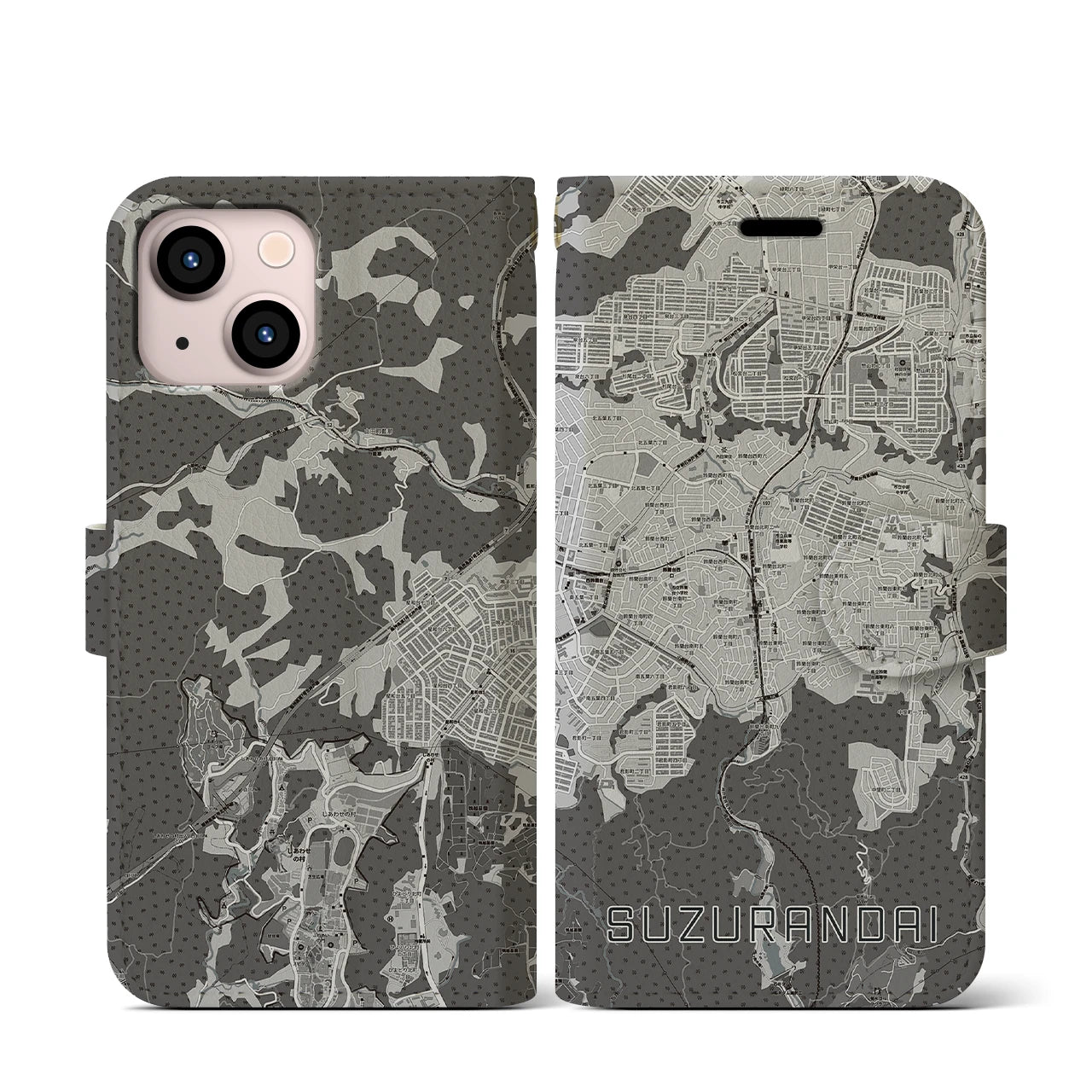 【鈴蘭台(兵庫県)】地図柄iPhoneケース(手帳タイプ)モノトーン・iPhone 13 mini 用