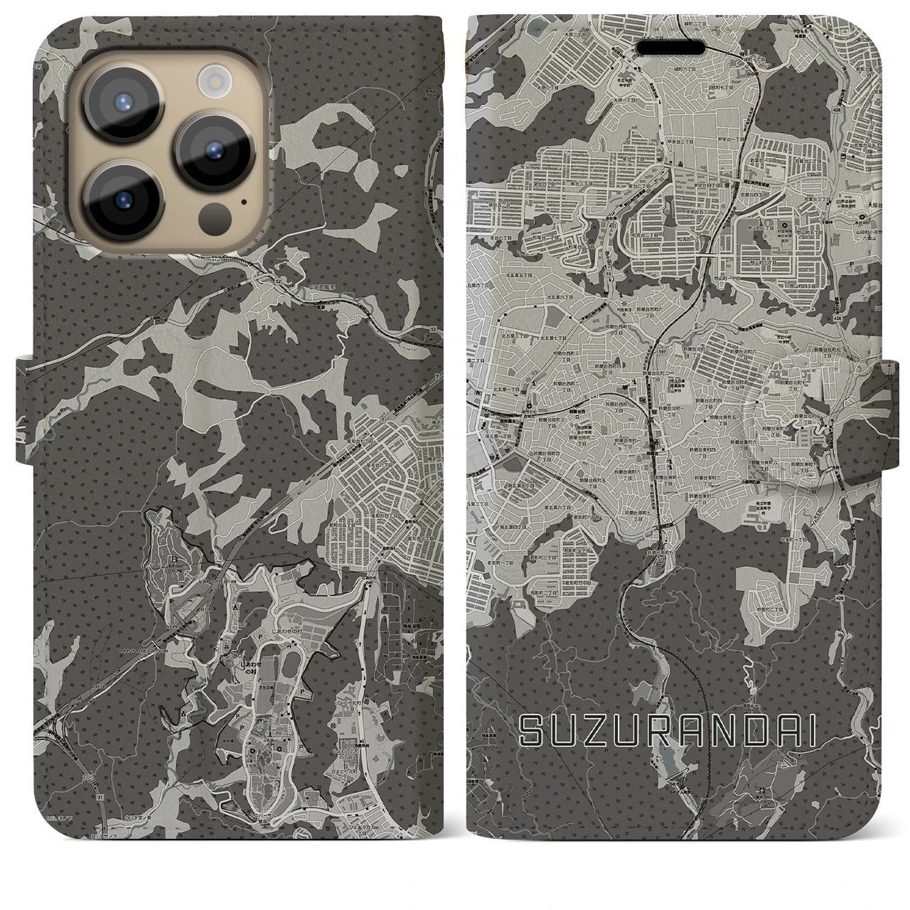 【鈴蘭台(兵庫県)】地図柄iPhoneケース(手帳タイプ)モノトーン・iPhone 14 Pro Max 用