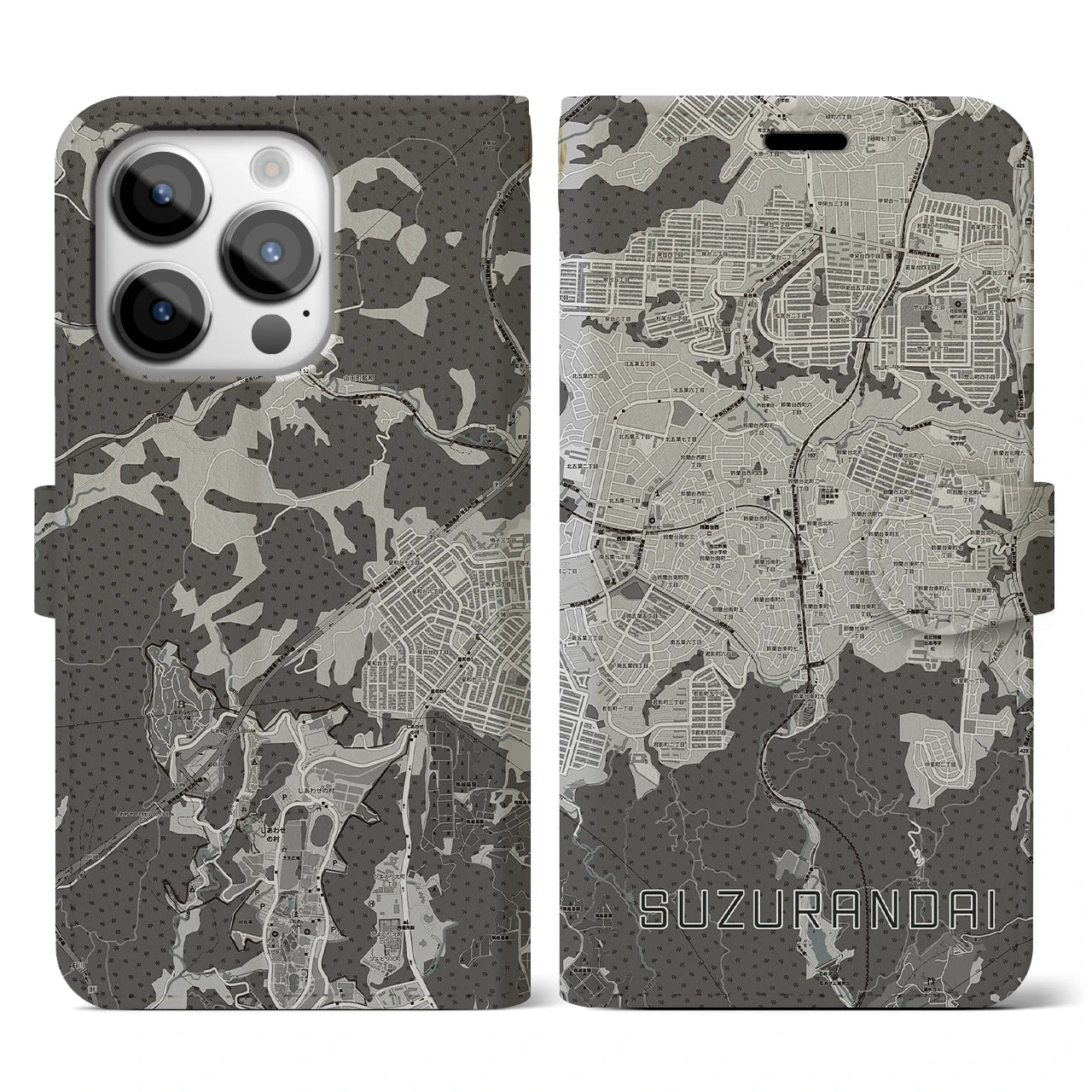 【鈴蘭台(兵庫県)】地図柄iPhoneケース(手帳タイプ)モノトーン・iPhone 14 Pro 用