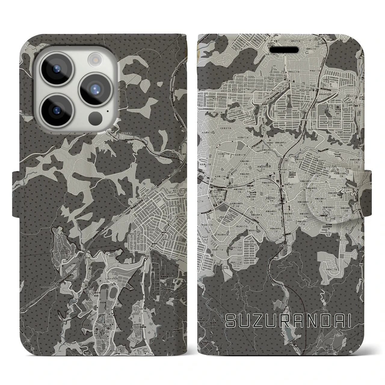 【鈴蘭台(兵庫県)】地図柄iPhoneケース(手帳タイプ)モノトーン・iPhone 15 Pro 用