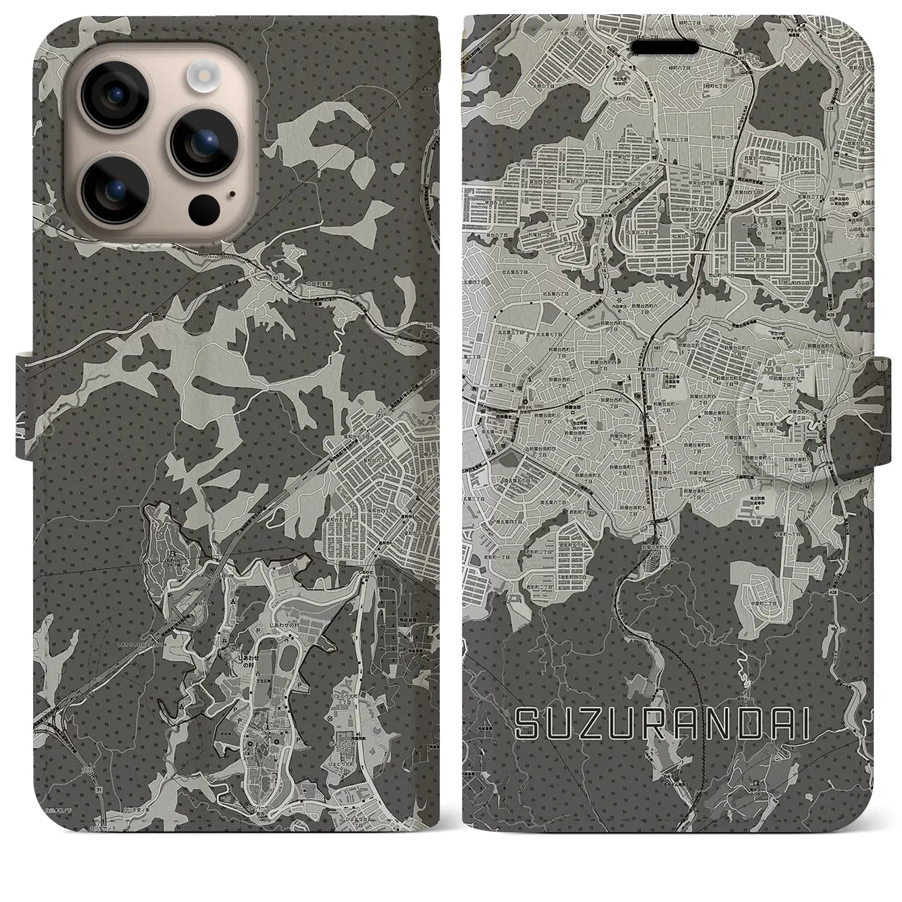 【鈴蘭台(兵庫県)】地図柄iPhoneケース(手帳タイプ)モノトーン・iPhone 16 Plus 用