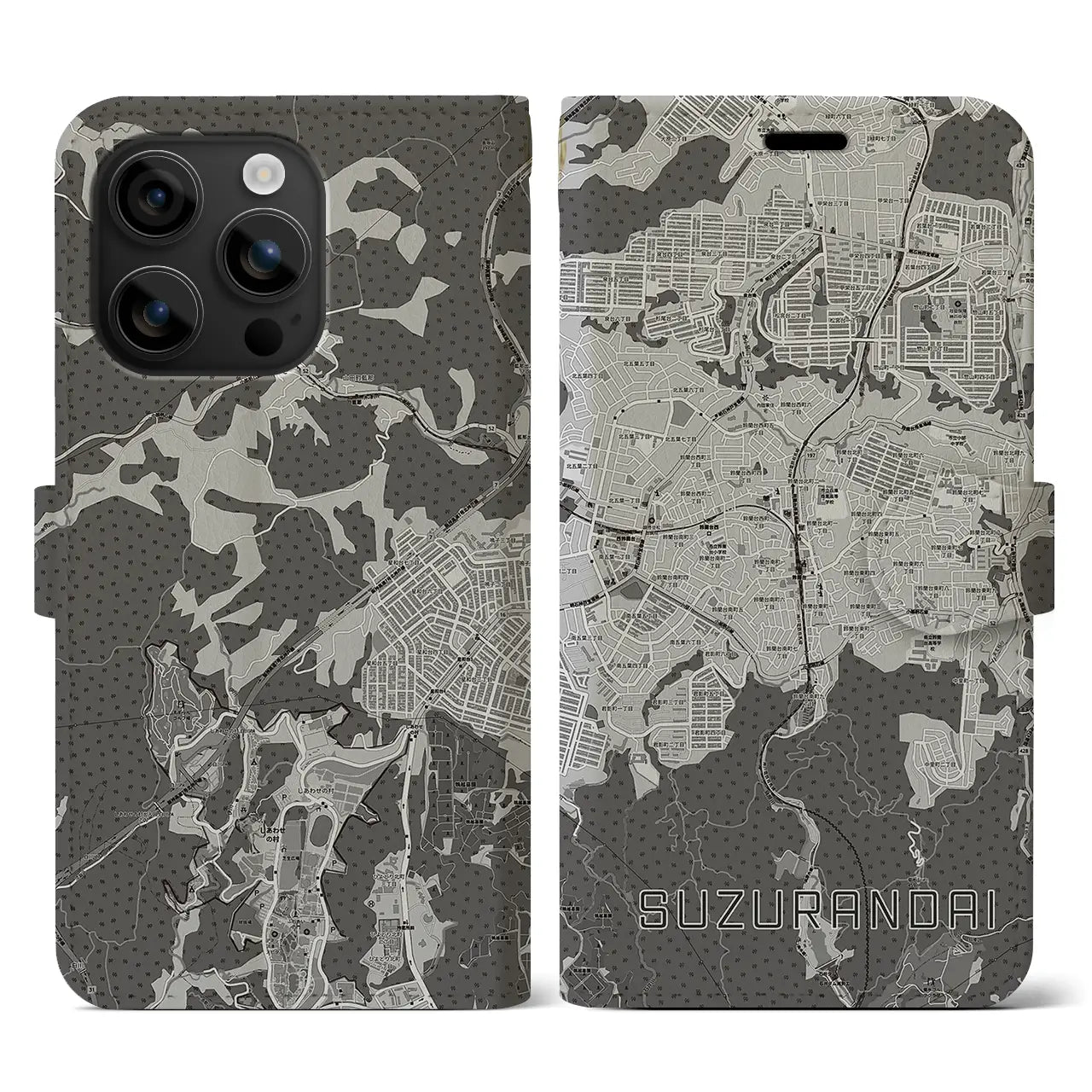 【鈴蘭台(兵庫県)】地図柄iPhoneケース(手帳タイプ)モノトーン・iPhone 16 用