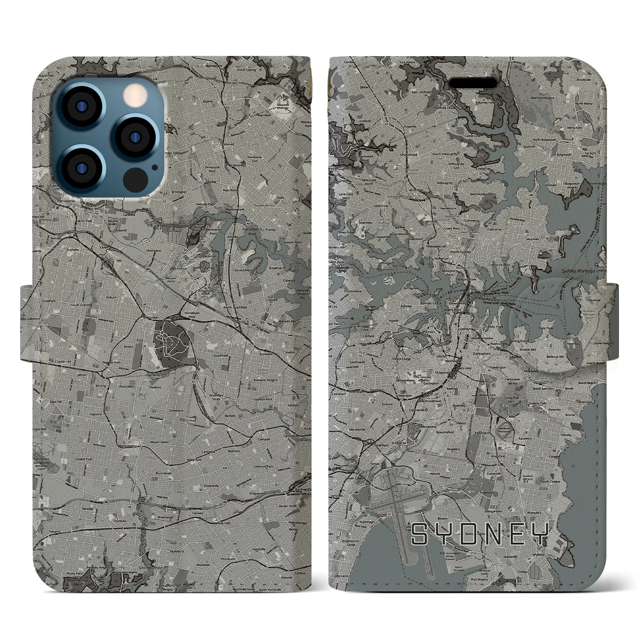 【シドニー(オーストラリア)】地図柄iPhoneケース(手帳タイプ)モノトーン・iPhone 12 / 12 Pro 用