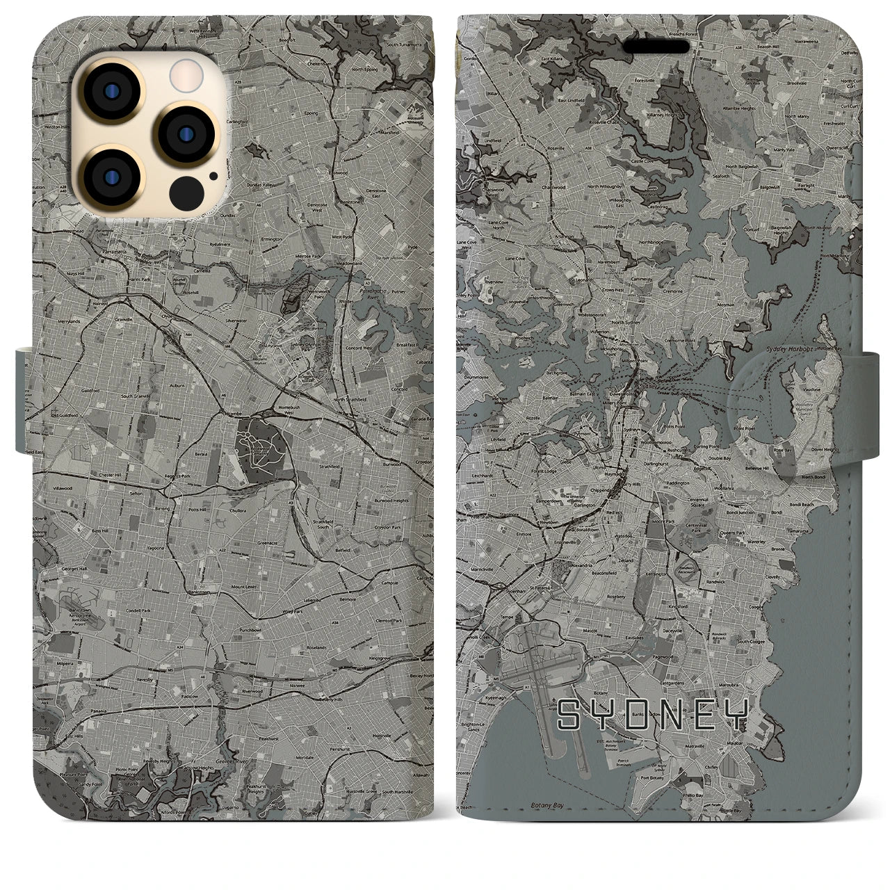 【シドニー(オーストラリア)】地図柄iPhoneケース(手帳タイプ)モノトーン・iPhone 12 Pro Max 用