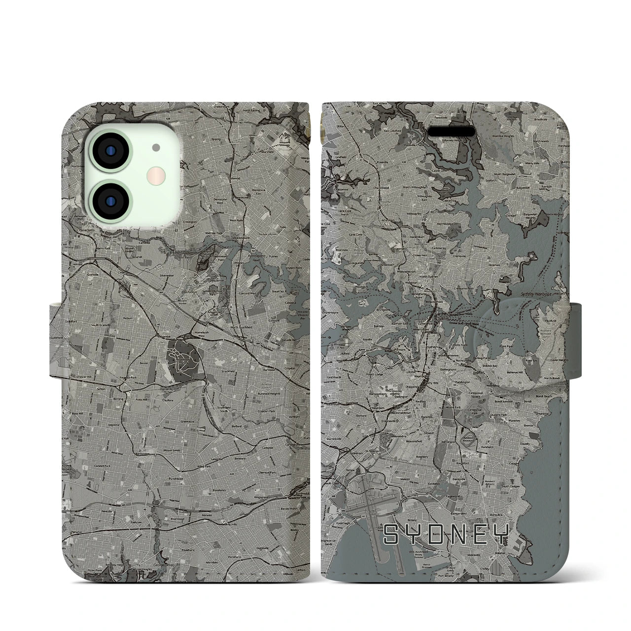 【シドニー(オーストラリア)】地図柄iPhoneケース(手帳タイプ)モノトーン・iPhone 12 mini 用