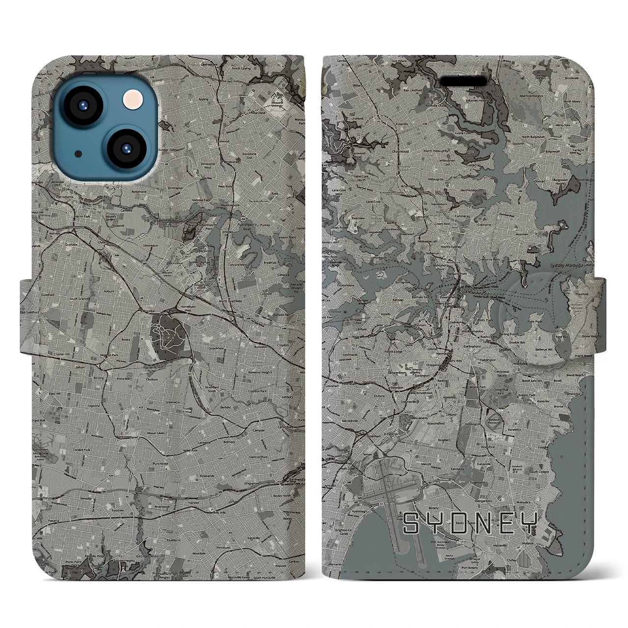 【シドニー(オーストラリア)】地図柄iPhoneケース(手帳タイプ)モノトーン・iPhone 13 用
