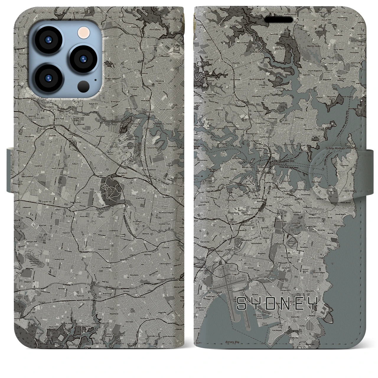 【シドニー(オーストラリア)】地図柄iPhoneケース(手帳タイプ)モノトーン・iPhone 13 Pro Max 用
