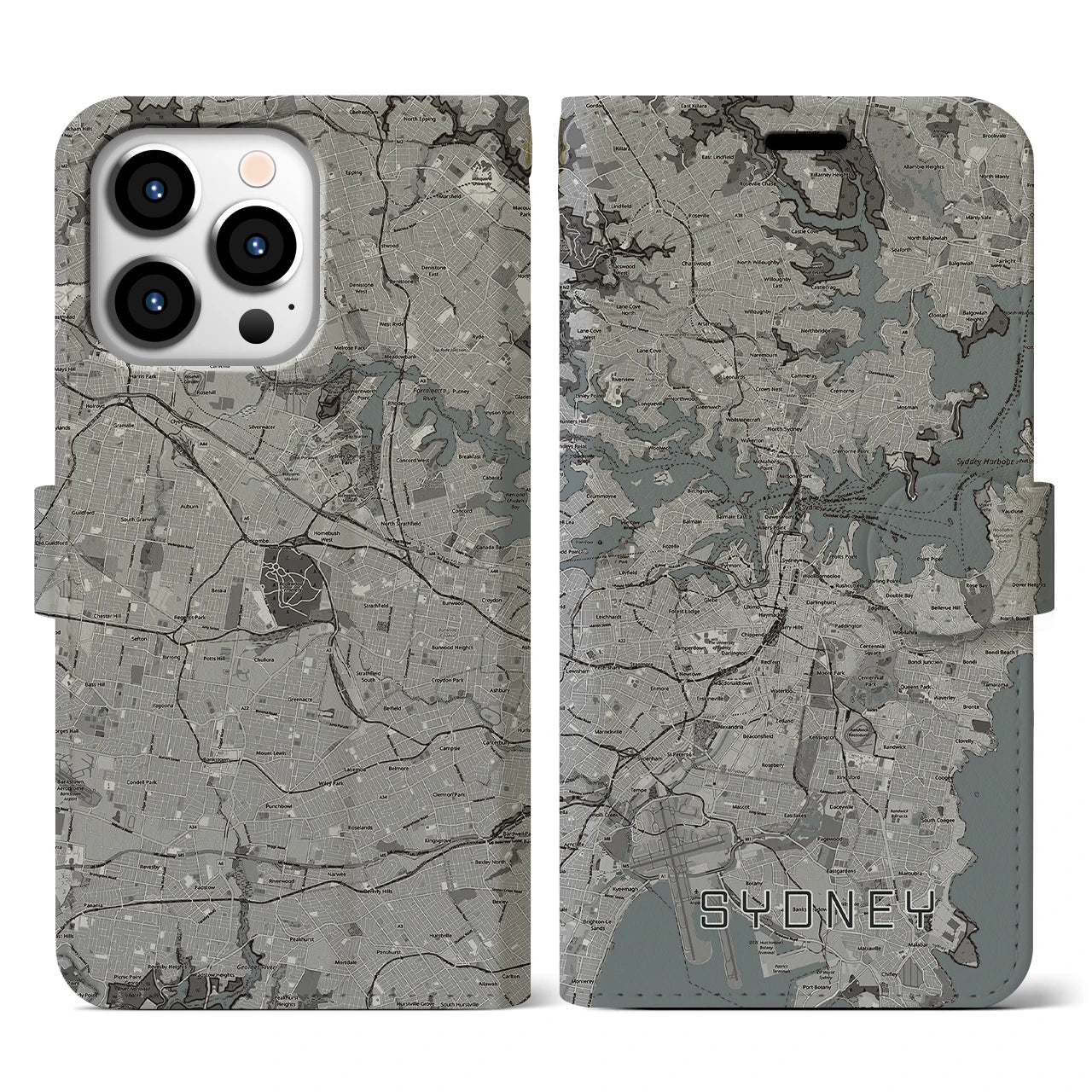 【シドニー(オーストラリア)】地図柄iPhoneケース(手帳タイプ)モノトーン・iPhone 13 Pro 用