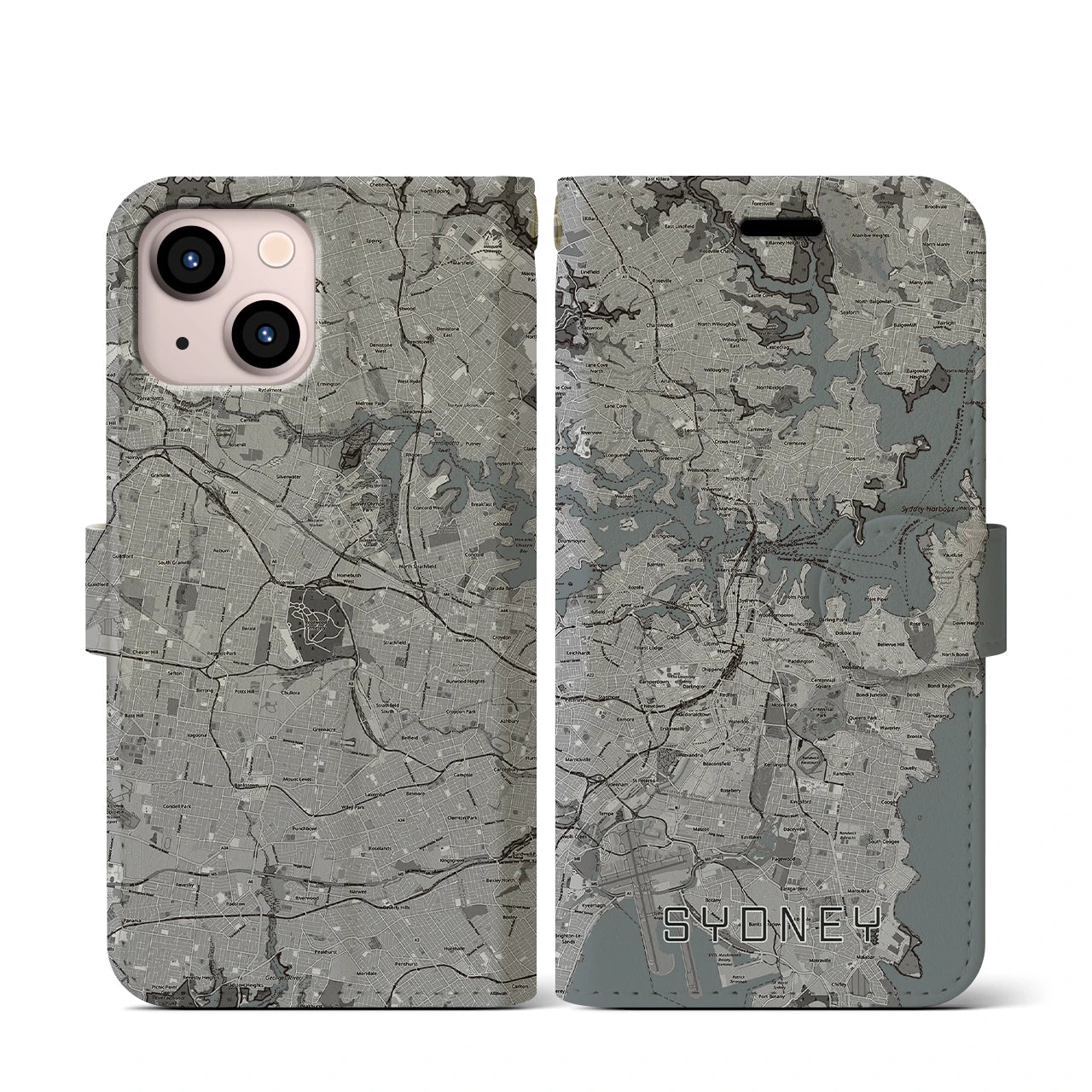 【シドニー(オーストラリア)】地図柄iPhoneケース(手帳タイプ)モノトーン・iPhone 13 mini 用