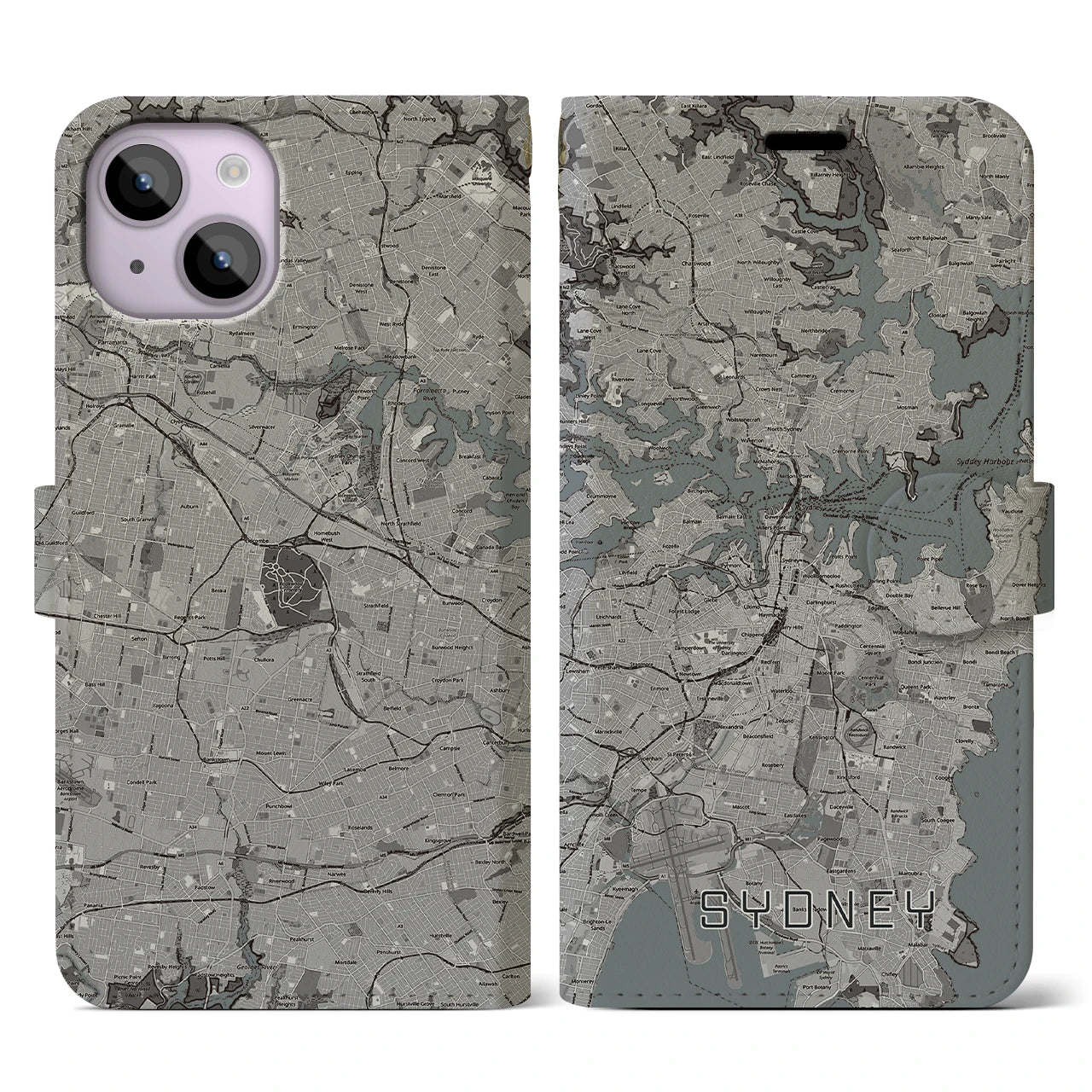 【シドニー(オーストラリア)】地図柄iPhoneケース(手帳タイプ)モノトーン・iPhone 14 用