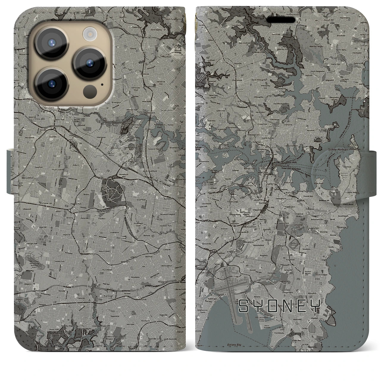 【シドニー(オーストラリア)】地図柄iPhoneケース(手帳タイプ)モノトーン・iPhone 14 Pro Max 用