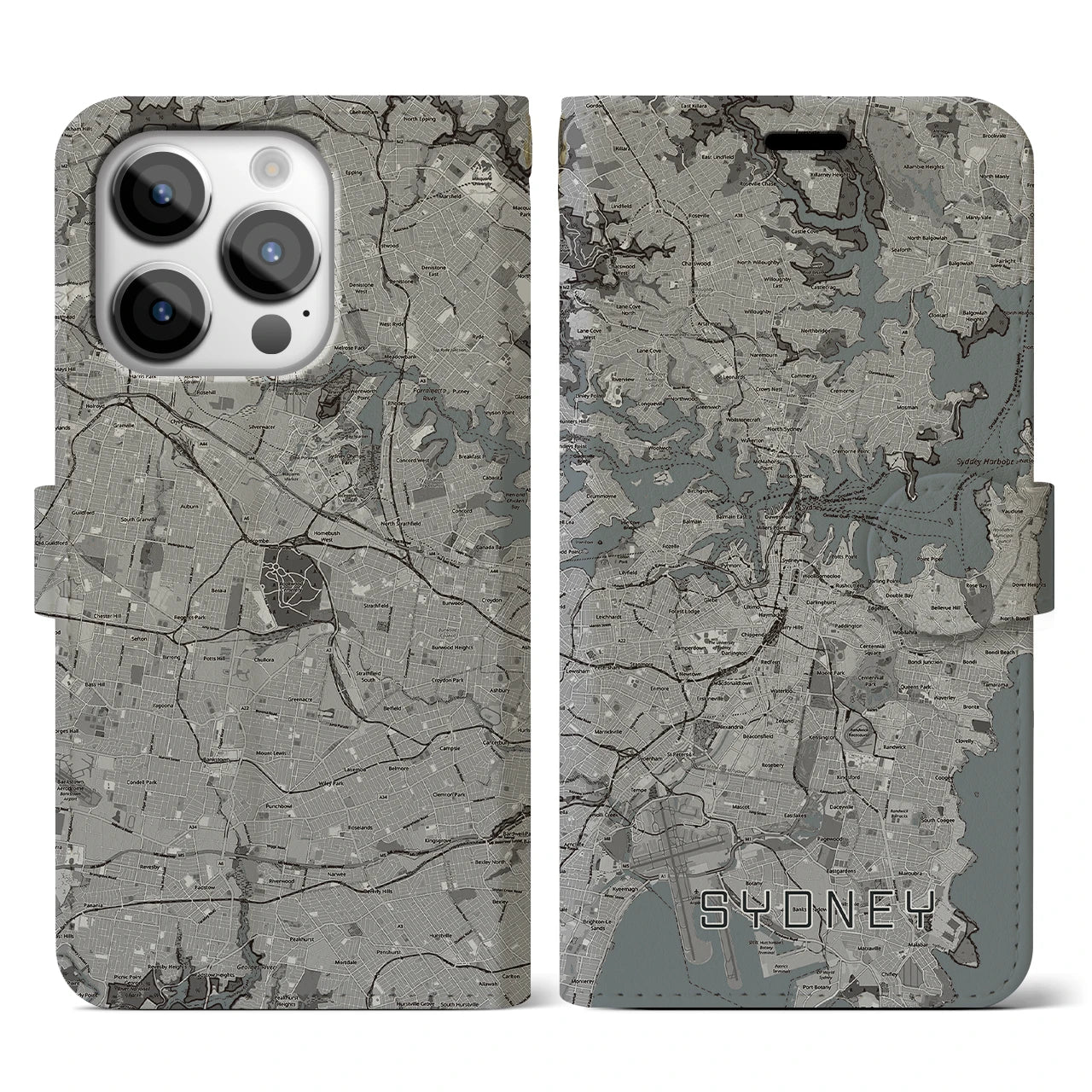 【シドニー(オーストラリア)】地図柄iPhoneケース(手帳タイプ)モノトーン・iPhone 14 Pro 用