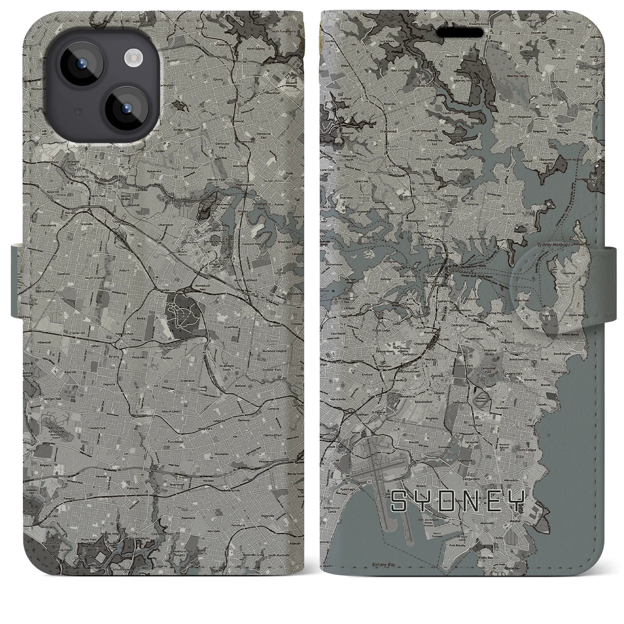 【シドニー(オーストラリア)】地図柄iPhoneケース(手帳タイプ)モノトーン・iPhone 14 Plus 用