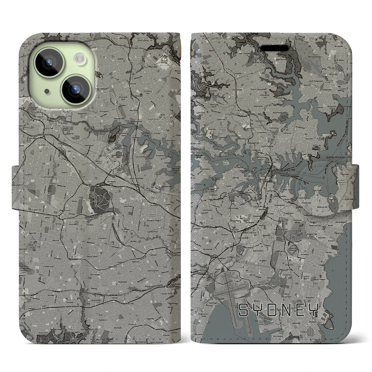 【シドニー(オーストラリア)】地図柄iPhoneケース(手帳タイプ)モノトーン・iPhone 15 用