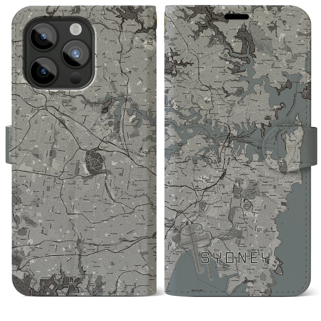 【シドニー(オーストラリア)】地図柄iPhoneケース(手帳タイプ)モノトーン・iPhone 15 Pro Max 用
