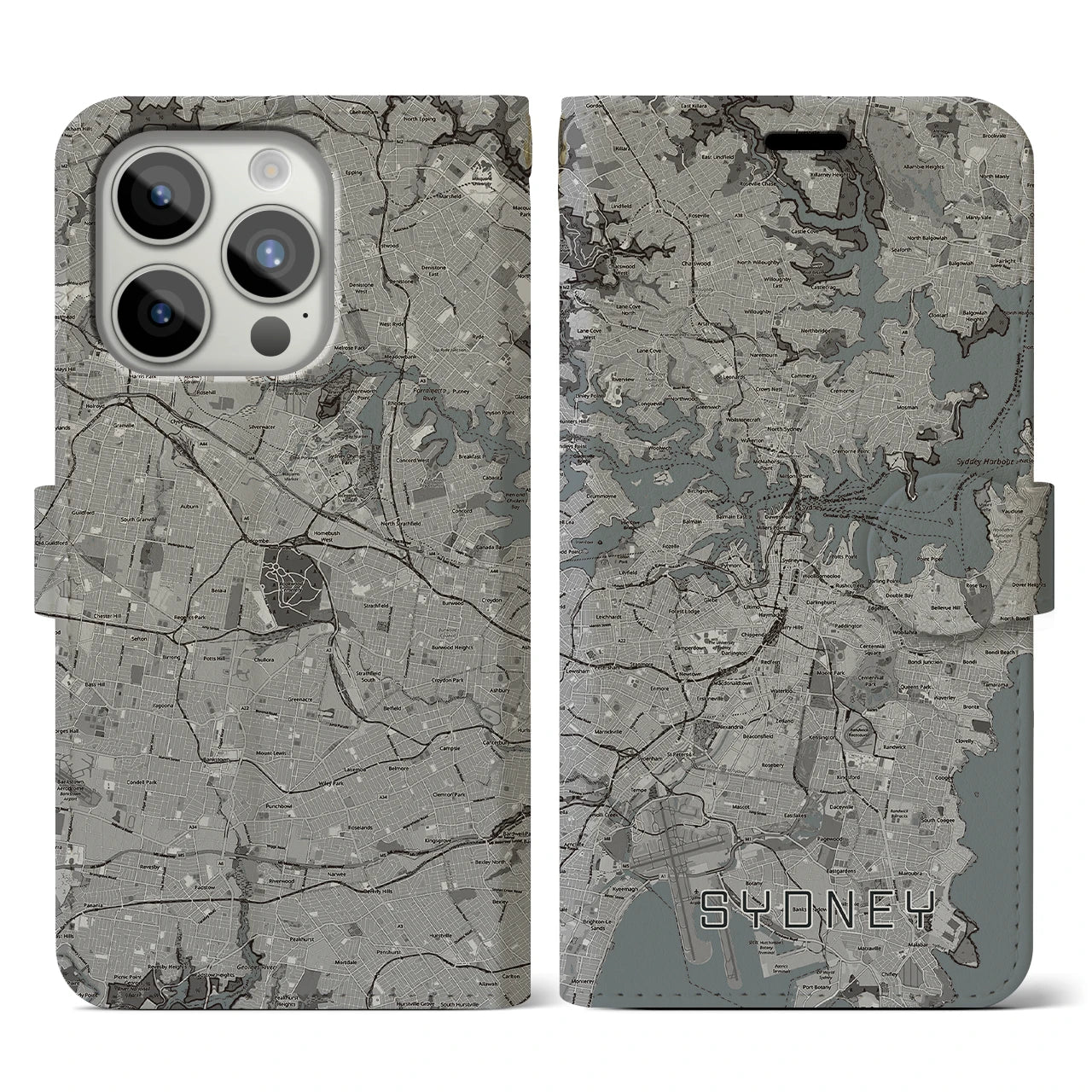 【シドニー(オーストラリア)】地図柄iPhoneケース(手帳タイプ)モノトーン・iPhone 15 Pro 用