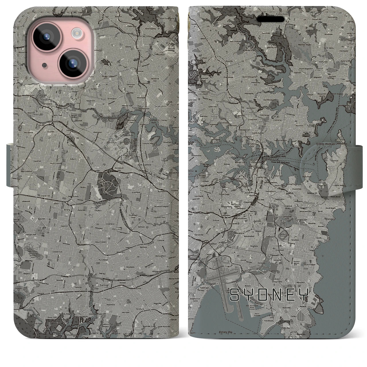 【シドニー(オーストラリア)】地図柄iPhoneケース(手帳タイプ)モノトーン・iPhone 15 Plus 用