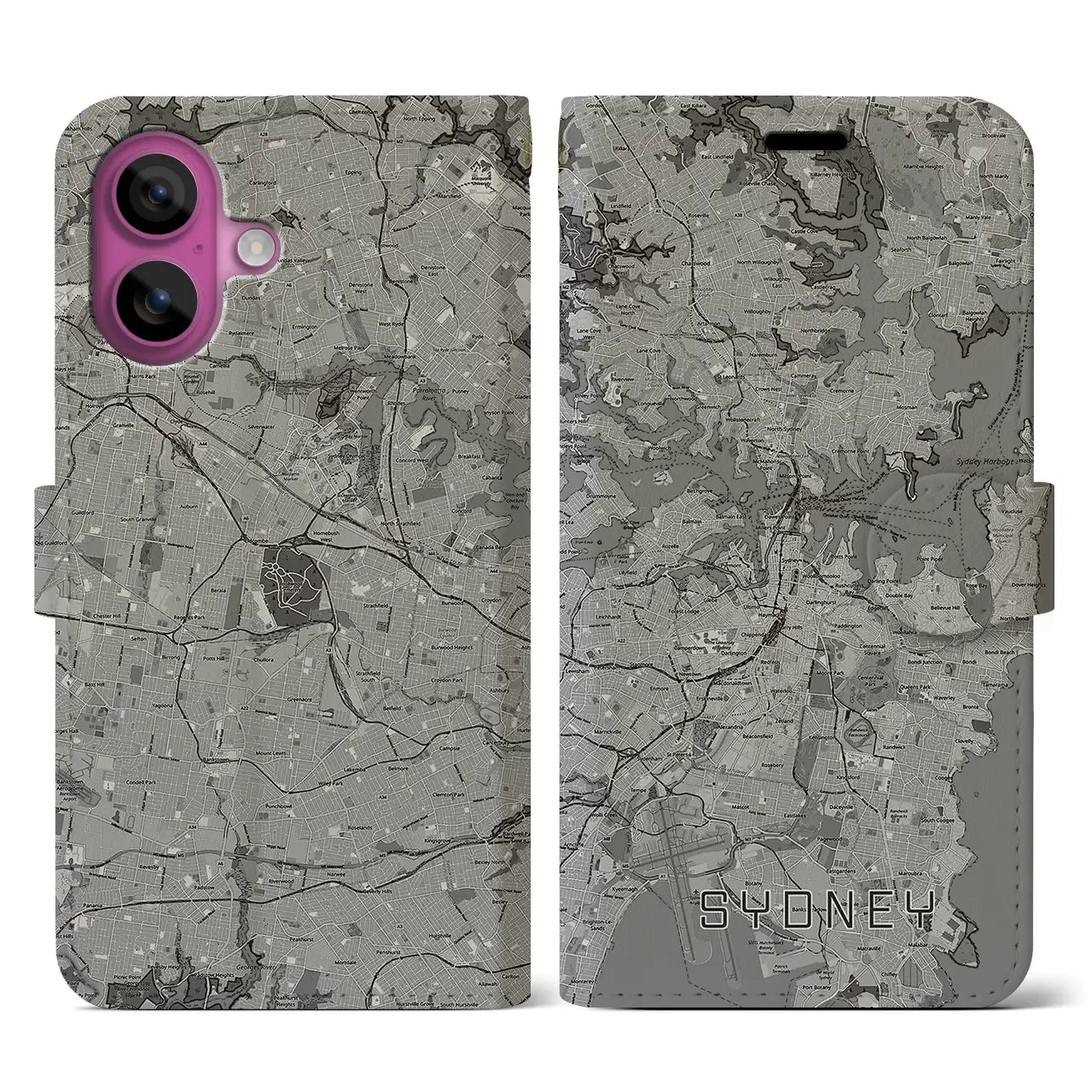 【シドニー(オーストラリア)】地図柄iPhoneケース(手帳タイプ)モノトーン・iPhone 16 Pro 用