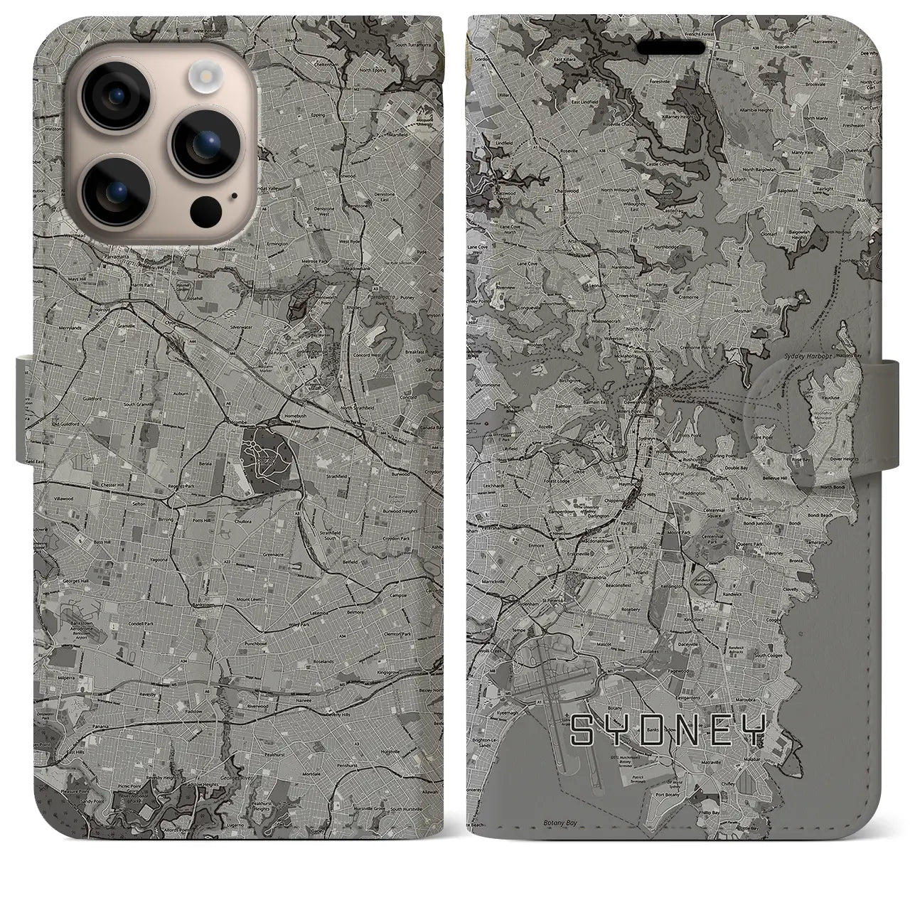 【シドニー(オーストラリア)】地図柄iPhoneケース(手帳タイプ)モノトーン・iPhone 16 Plus 用