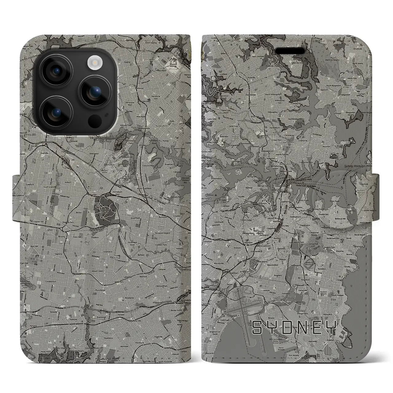 【シドニー(オーストラリア)】地図柄iPhoneケース(手帳タイプ)モノトーン・iPhone 16 用