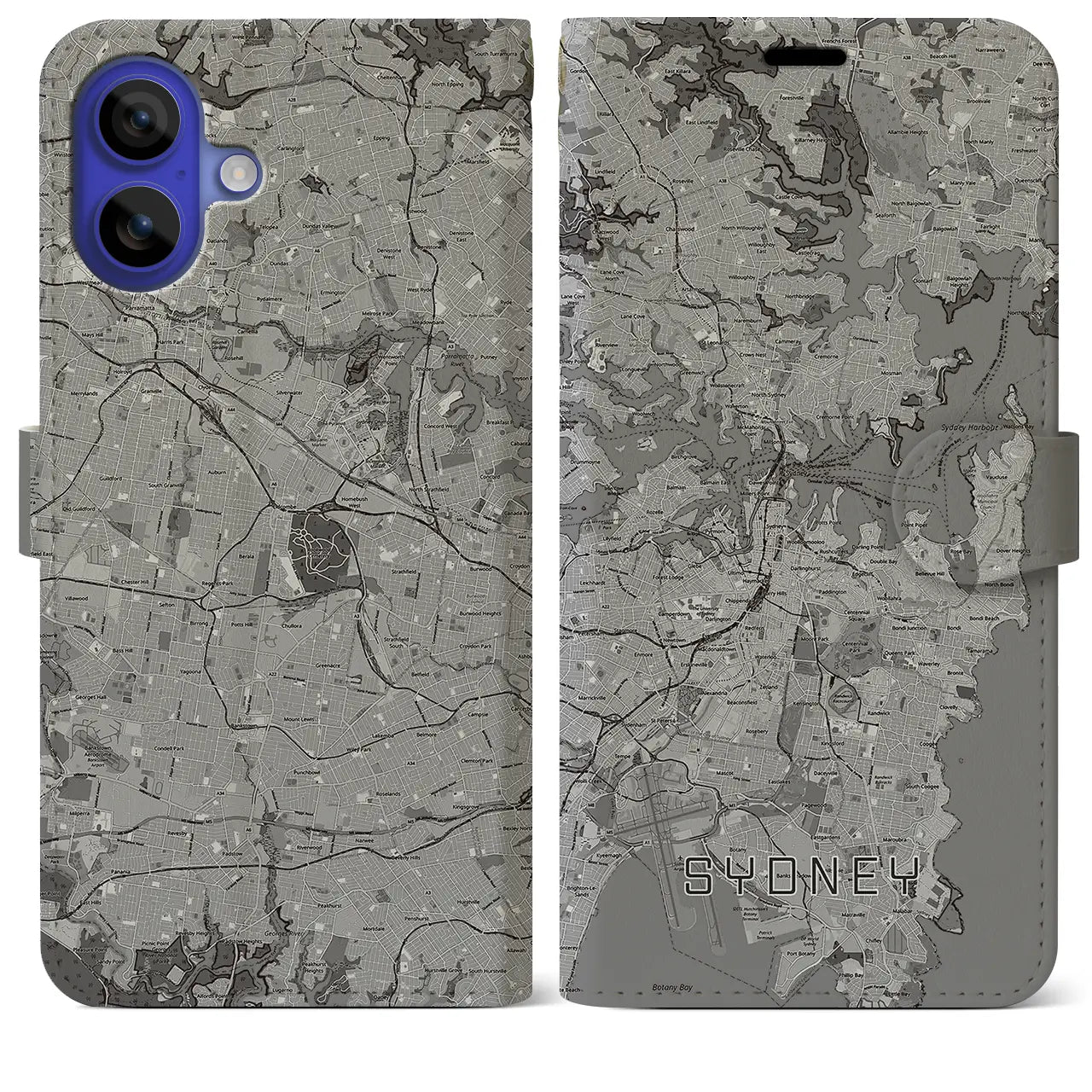 【シドニー(オーストラリア)】地図柄iPhoneケース(手帳タイプ)モノトーン・iPhone 16 Pro Max 用