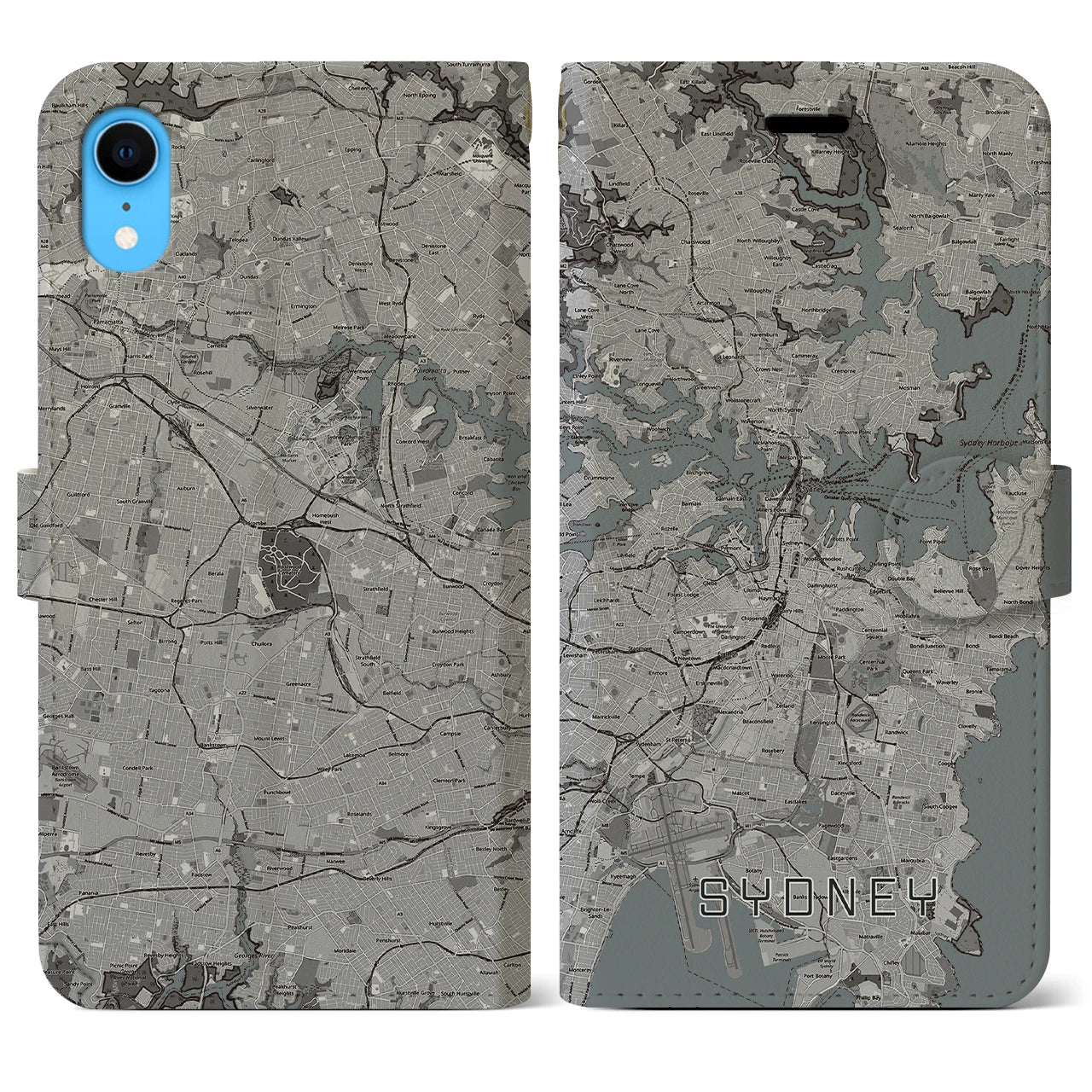 【シドニー(オーストラリア)】地図柄iPhoneケース(手帳タイプ)モノトーン・iPhone XR 用